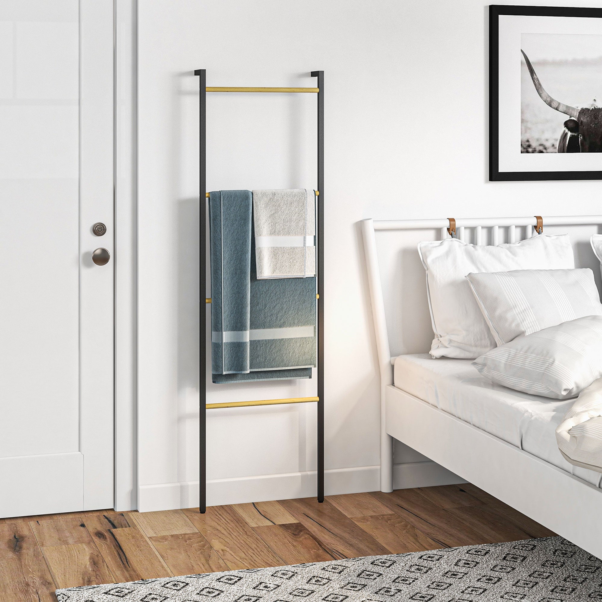 Toalheiro de 4 Níveis Escada de Bambu e Aço 49x5,5x167,5 cm Preto e Madeira