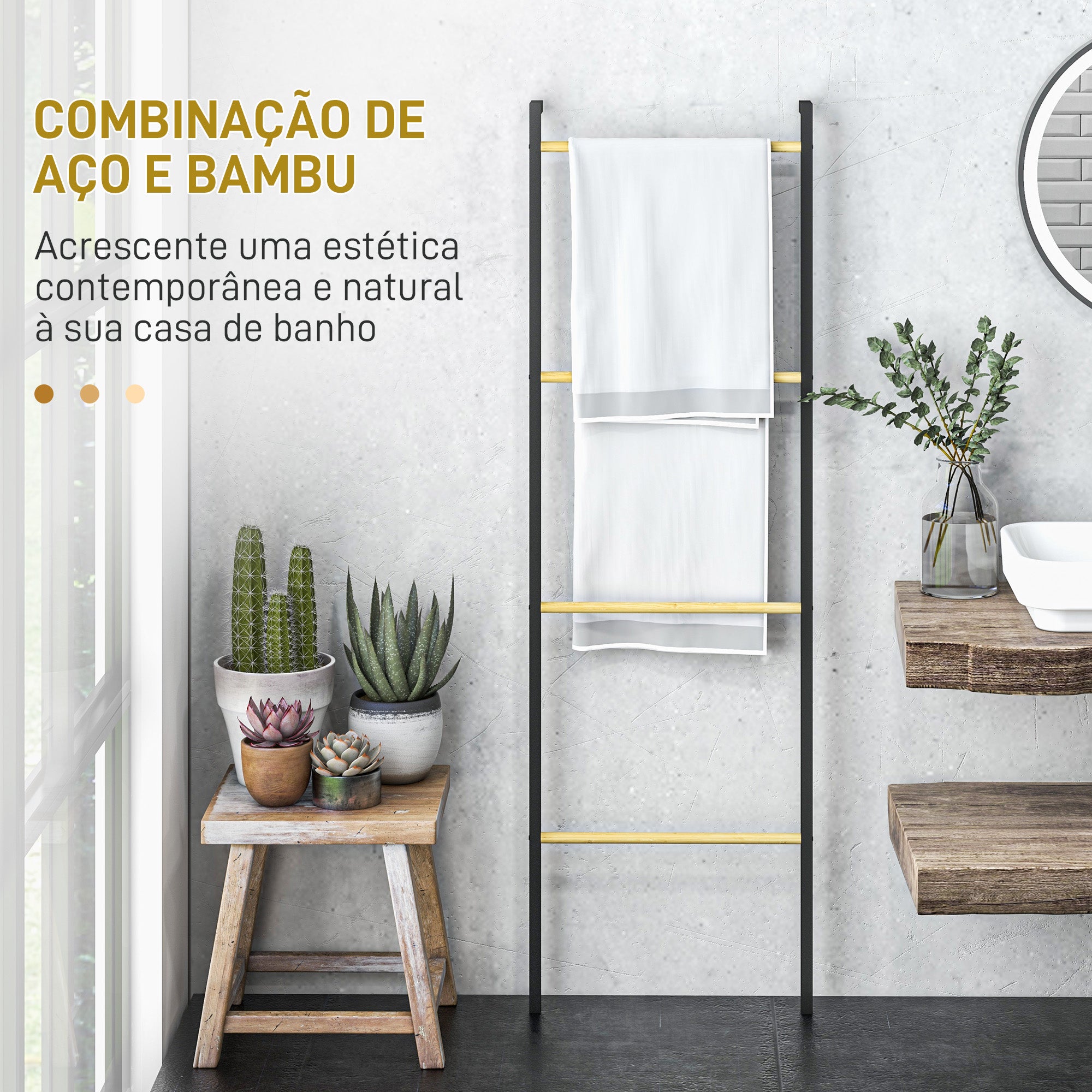 Toalheiro de 4 Níveis Escada de Bambu e Aço 49x5,5x167,5 cm Preto e Madeira