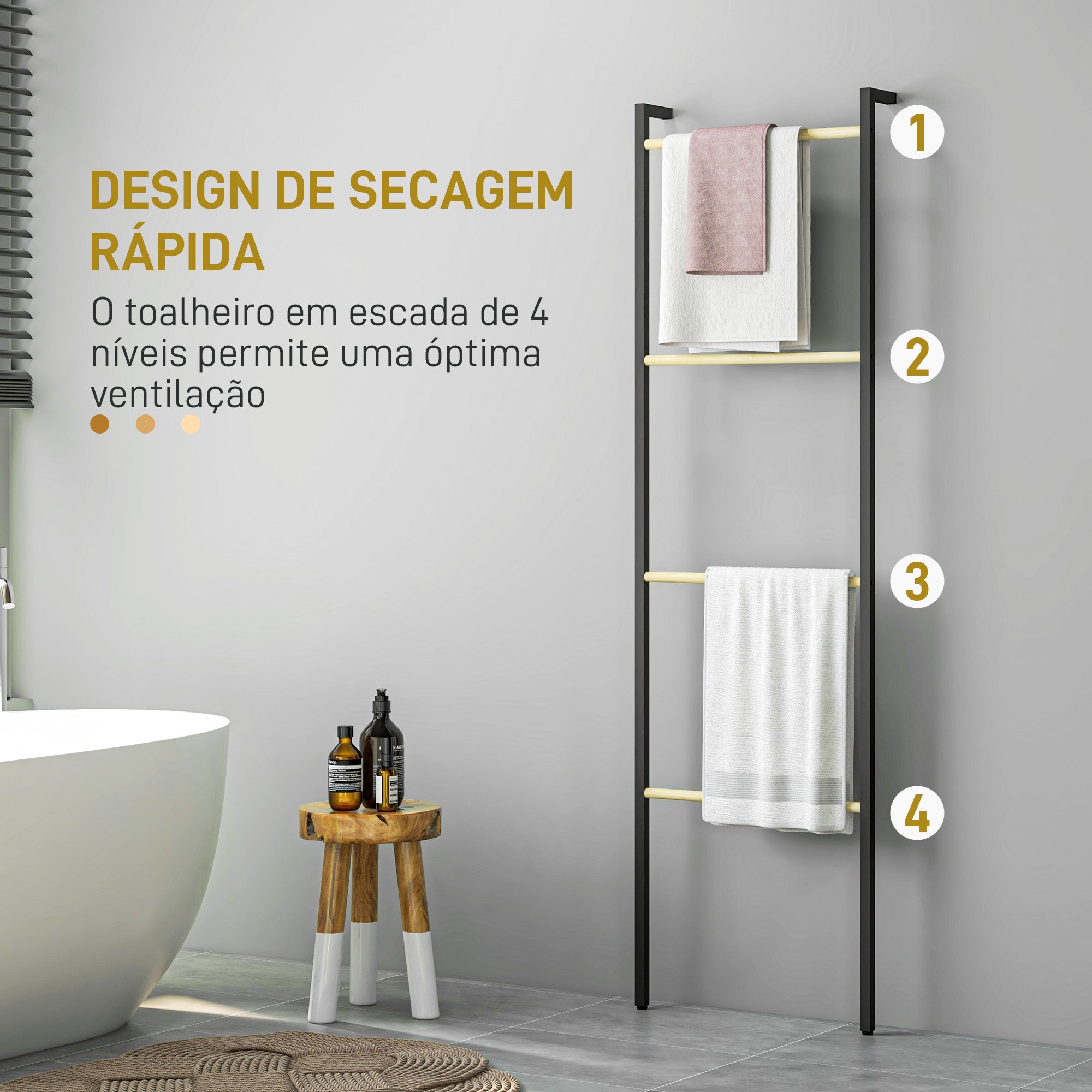 Toalheiro de 4 Níveis Escada de Bambu e Aço 49x5,5x167,5 cm Preto e Madeira