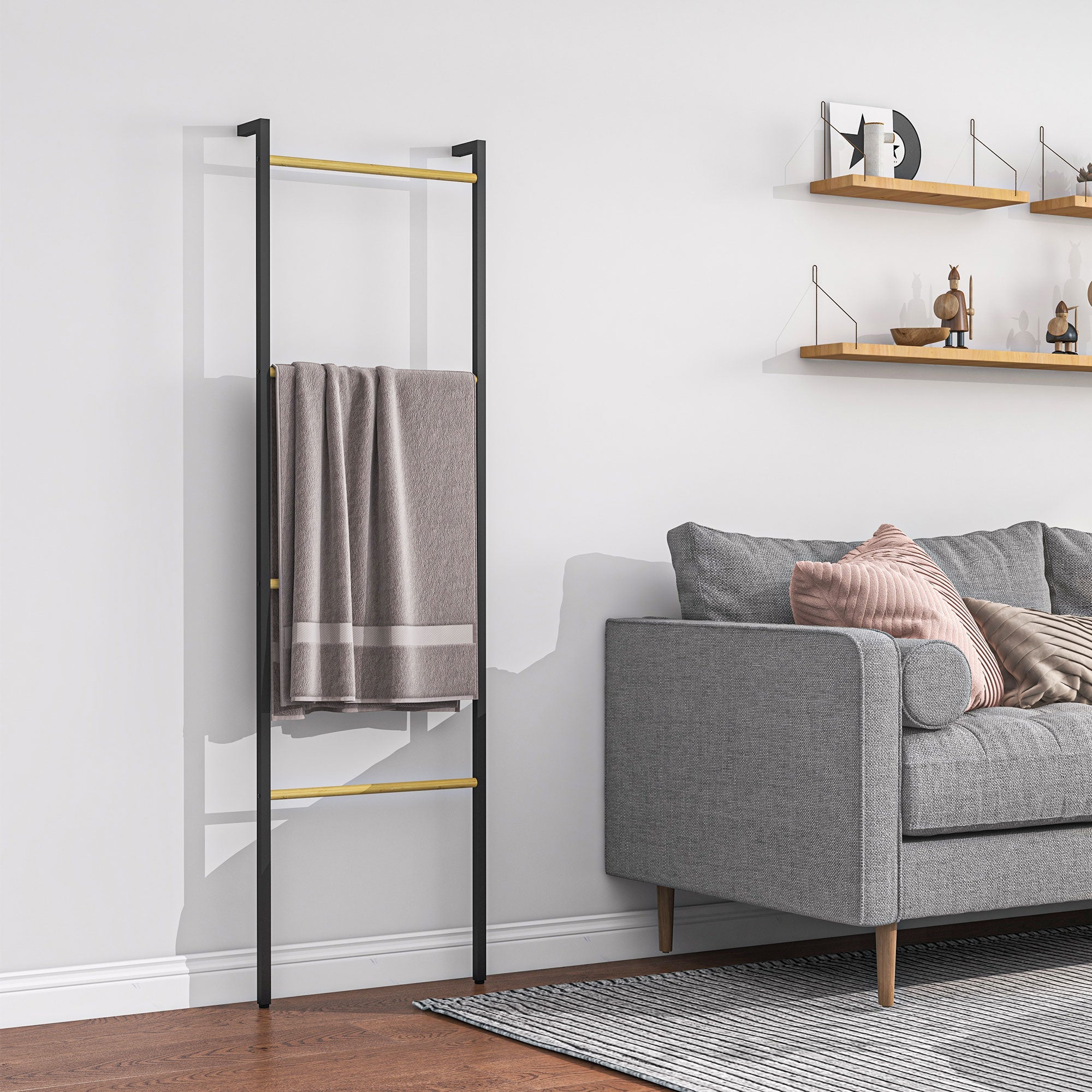 Toalheiro de 4 Níveis Escada de Bambu e Aço 49x5,5x167,5 cm Preto e Madeira