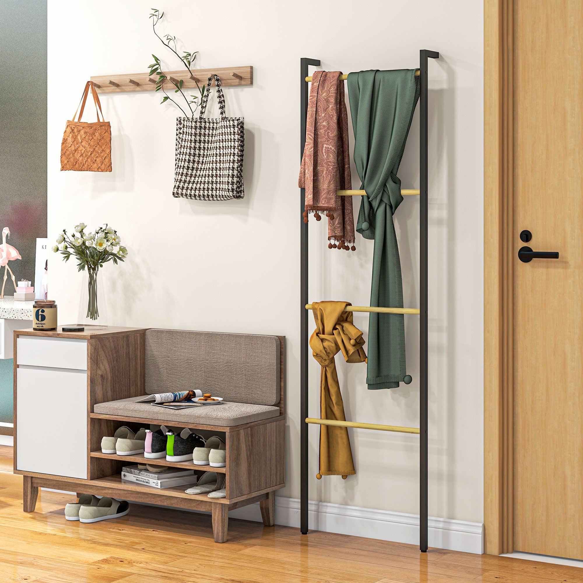 Toalheiro de 4 Níveis Escada de Bambu e Aço 49x5,5x167,5 cm Preto e Madeira