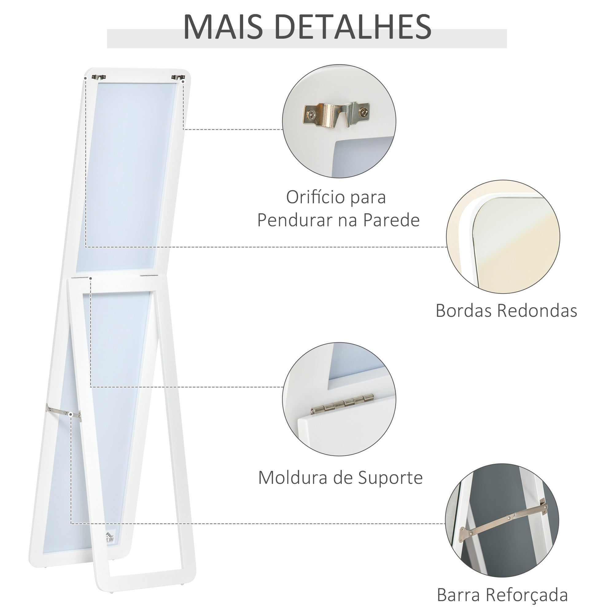 Espelho de Pé/Corpo Inteiro Retangular – 37x43x156cm – Branco – Madeira e Vidro