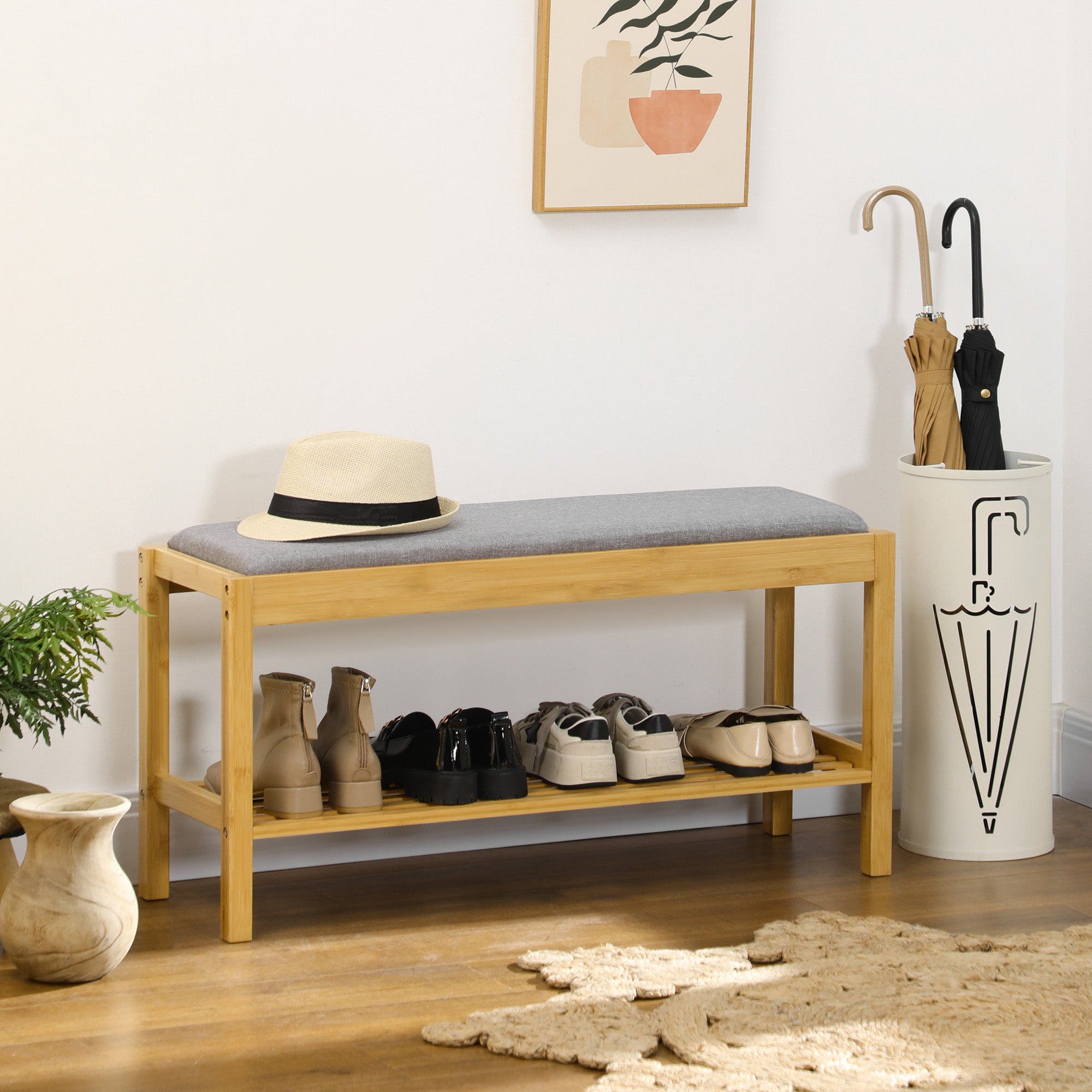 Banco Sapateira de Bambu com Assento Estofado 90x30x46 cm - Madeira e Cinza