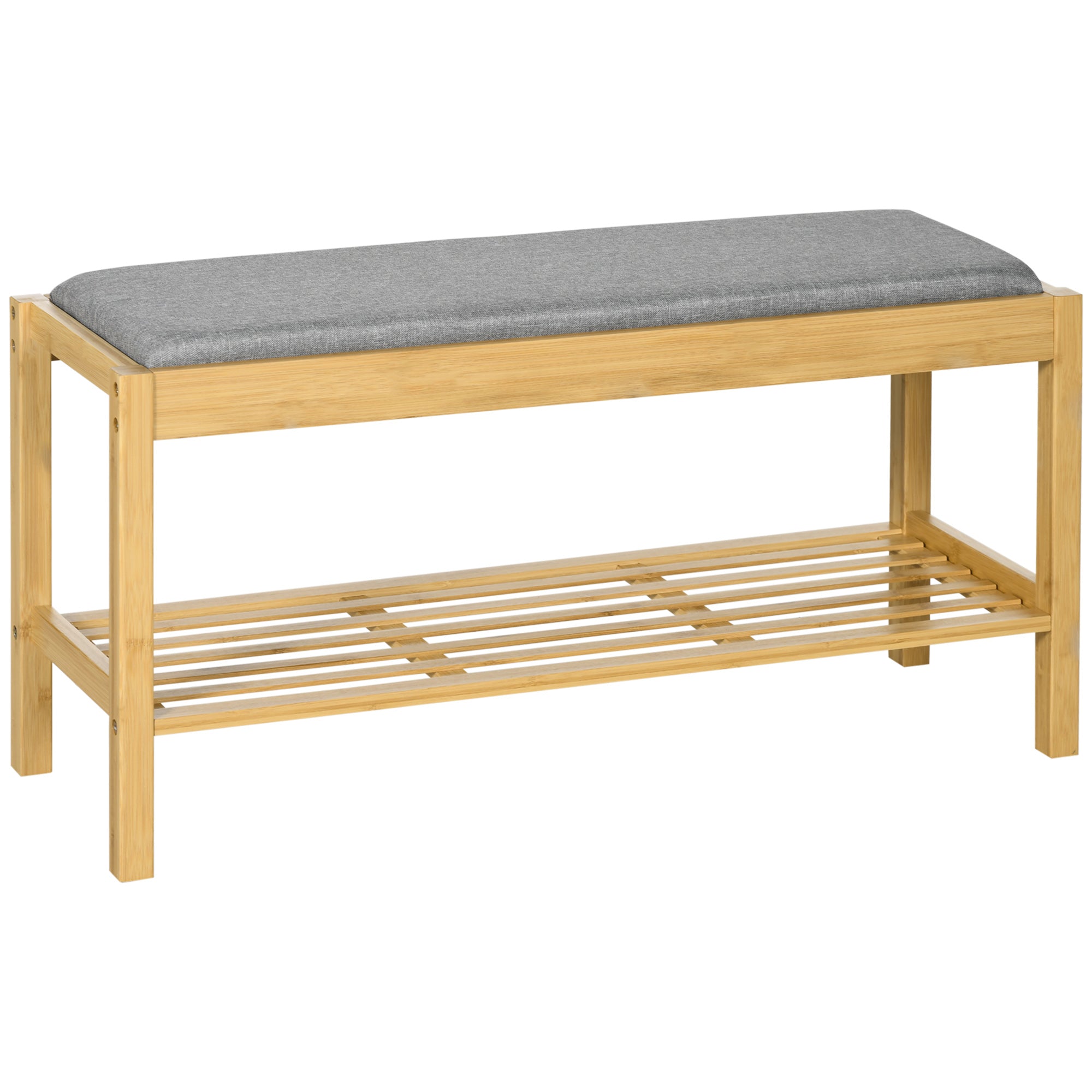 Banco Sapateira de Bambu com Assento Estofado 90x30x46 cm - Madeira e Cinza