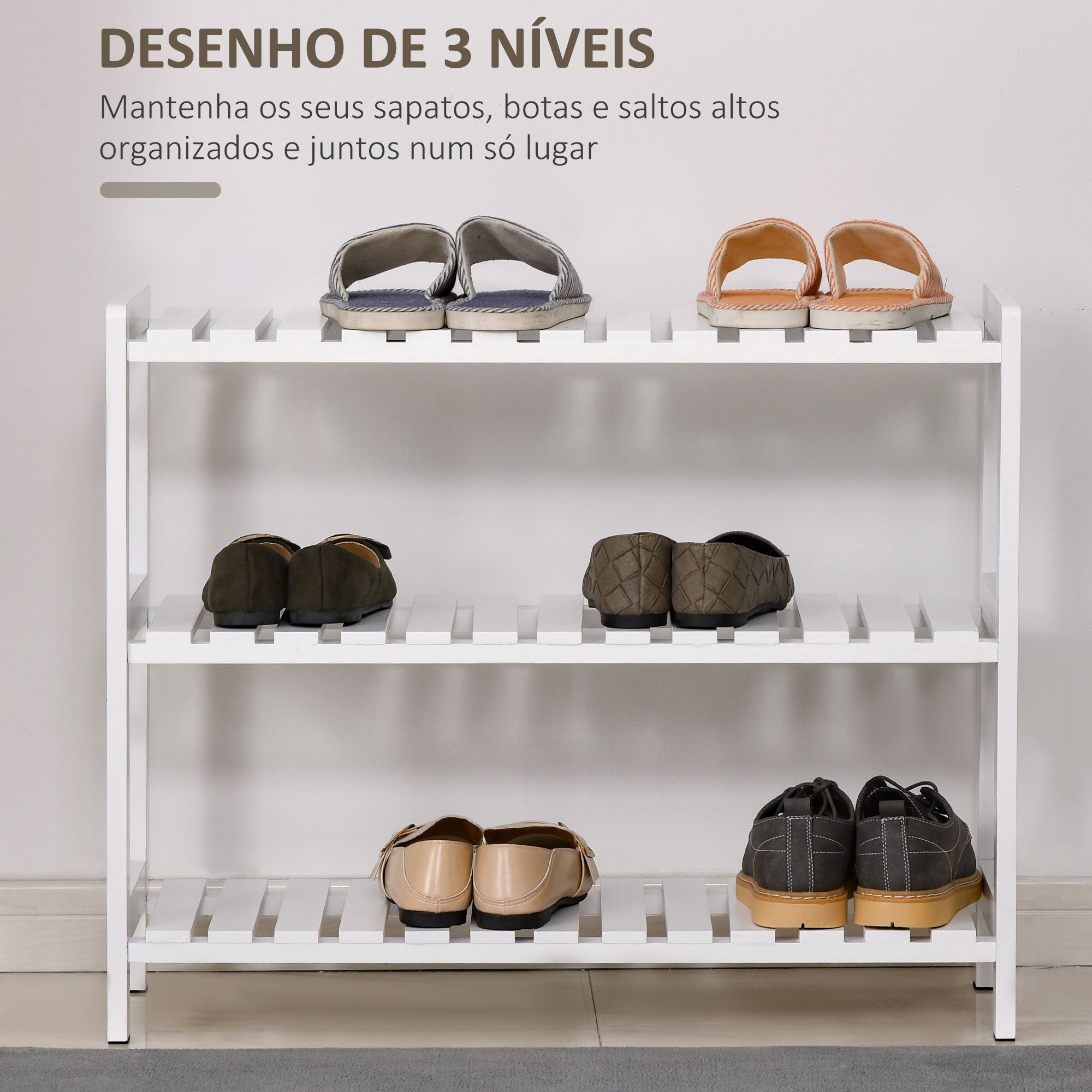 Sapateira de Madeira Branca 3 Níveis para até 9 Pares de Sapatos 70x26x57,5cm