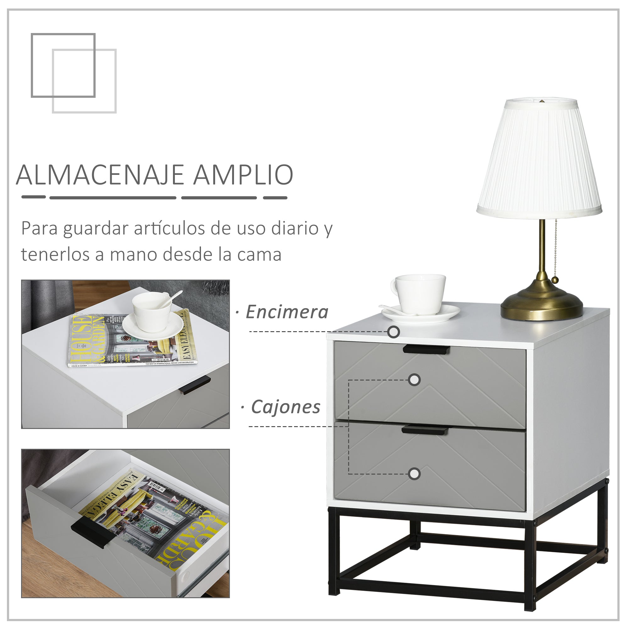Mesa de Cabeceira com 2 Gavetas 39,5x40x48 cm - Branco e Cinza