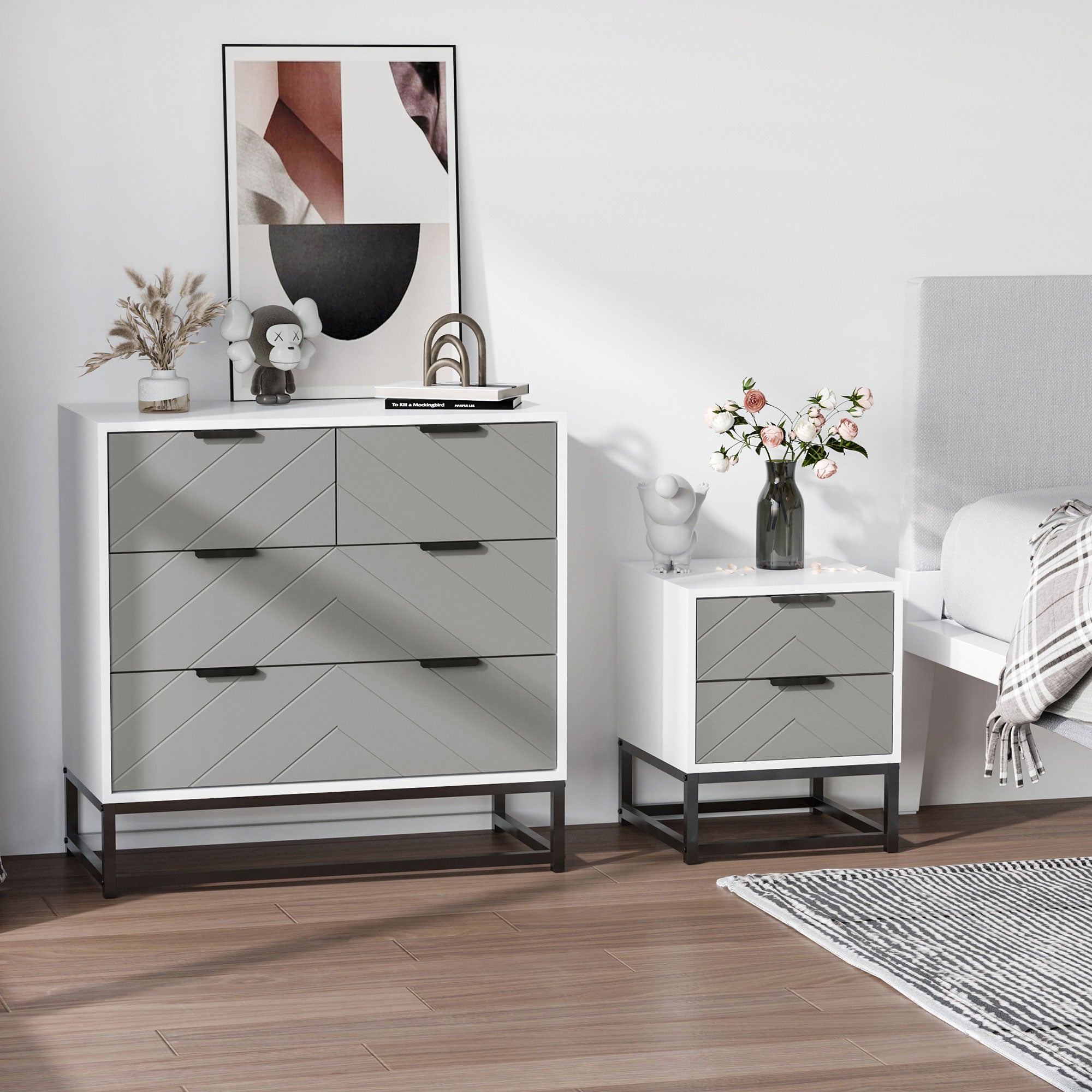 Mesa de Cabeceira com 2 Gavetas 39,5x40x48 cm - Branco e Cinza