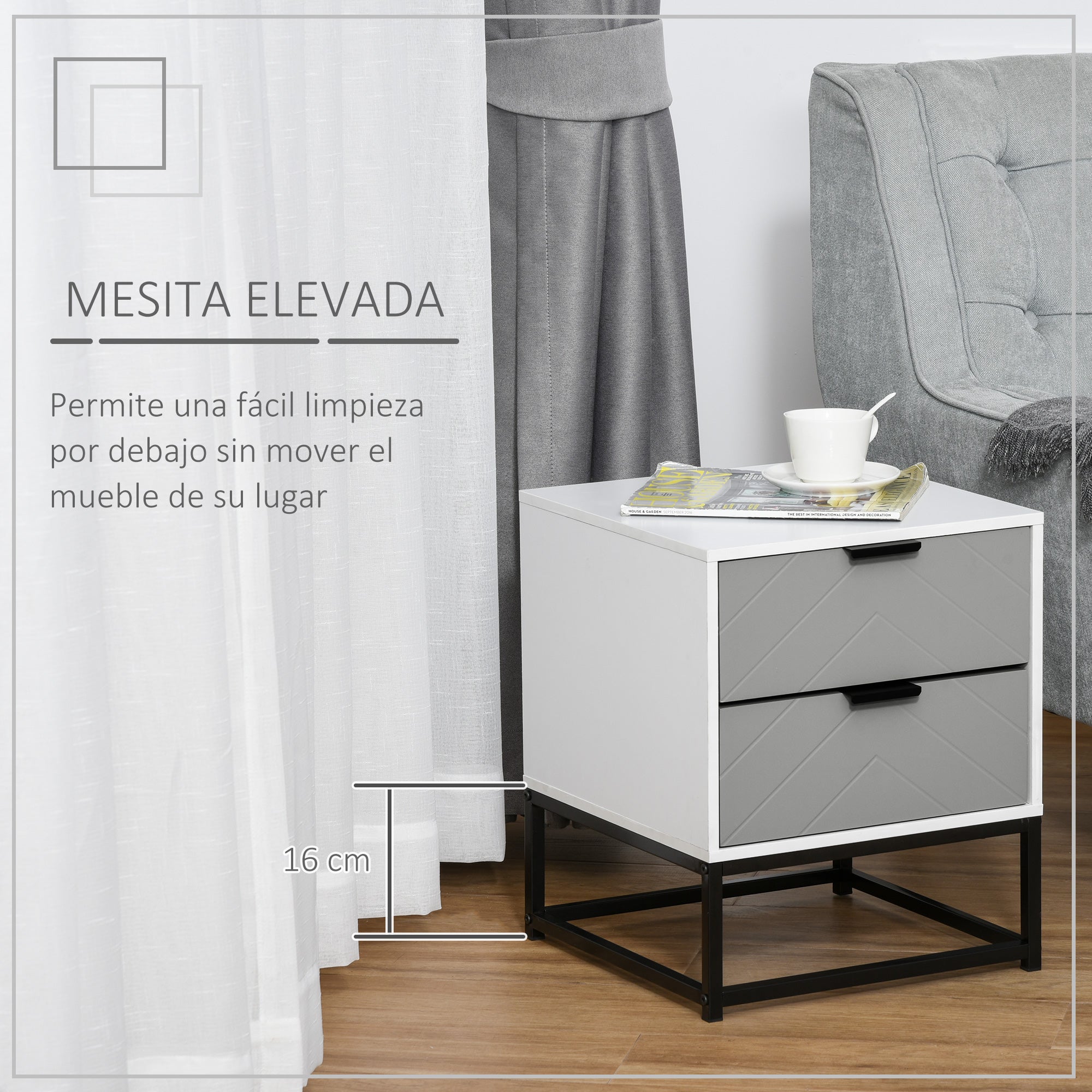 Mesa de Cabeceira com 2 Gavetas 39,5x40x48 cm - Branco e Cinza