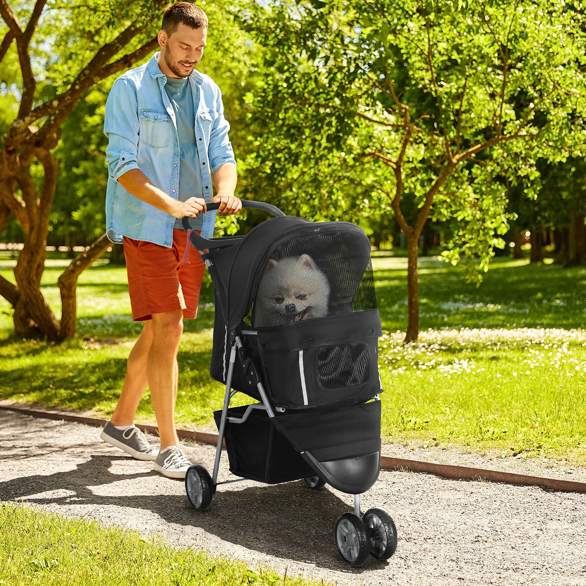 Carrinho para Animais de Estimação Dobrável – 75x45x97 cm – Preto – Aço e Tecido Oxford
