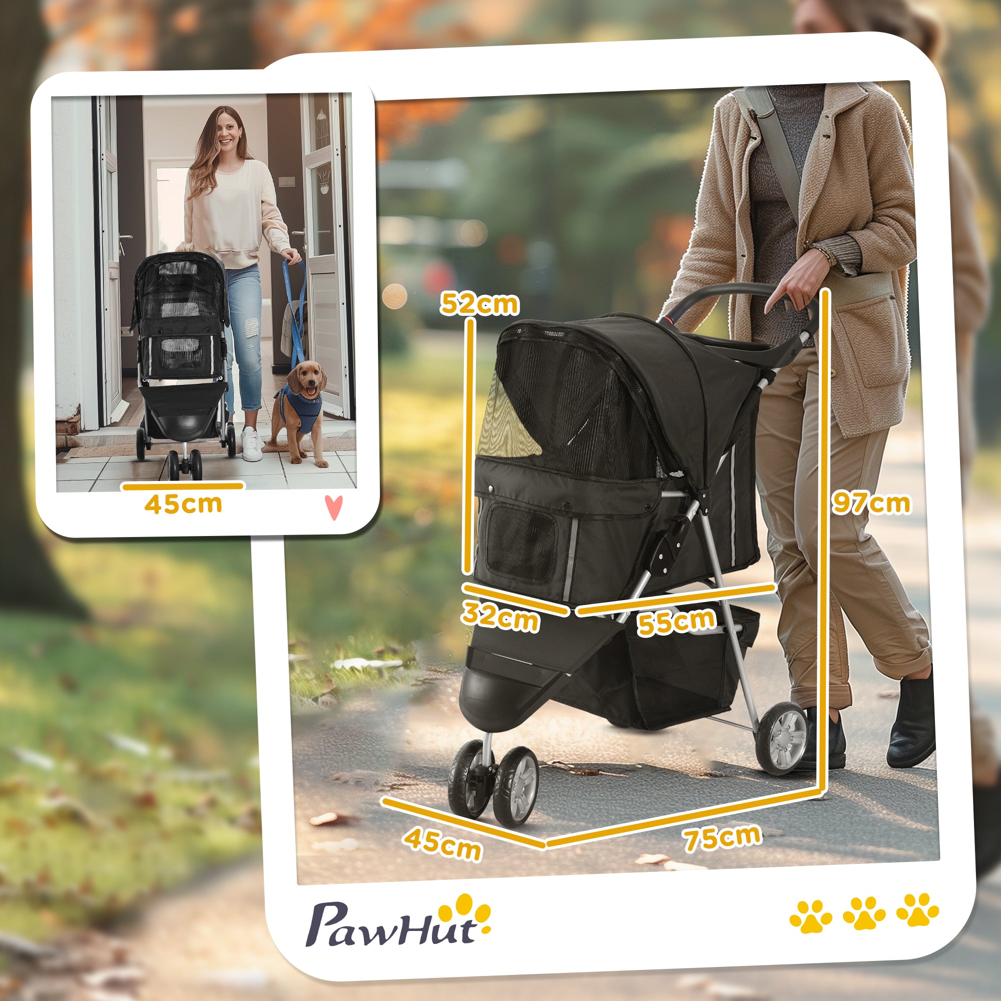 Carrinho para Animais de Estimação Dobrável – 75x45x97 cm – Preto – Aço e Tecido Oxford