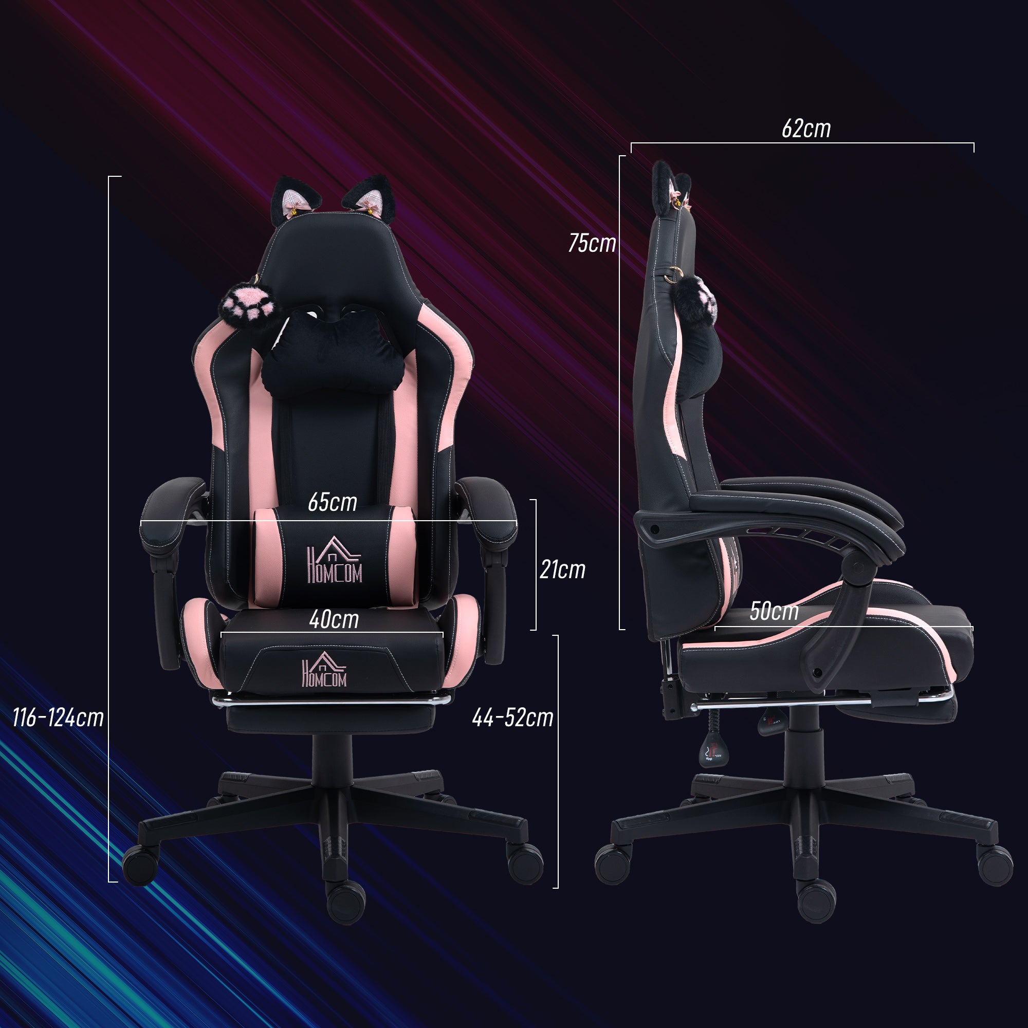 Cadeira de Gaming Reclinável com Orelhas e Apoio para os Pés - 65x62x116-124 cm (Preto)