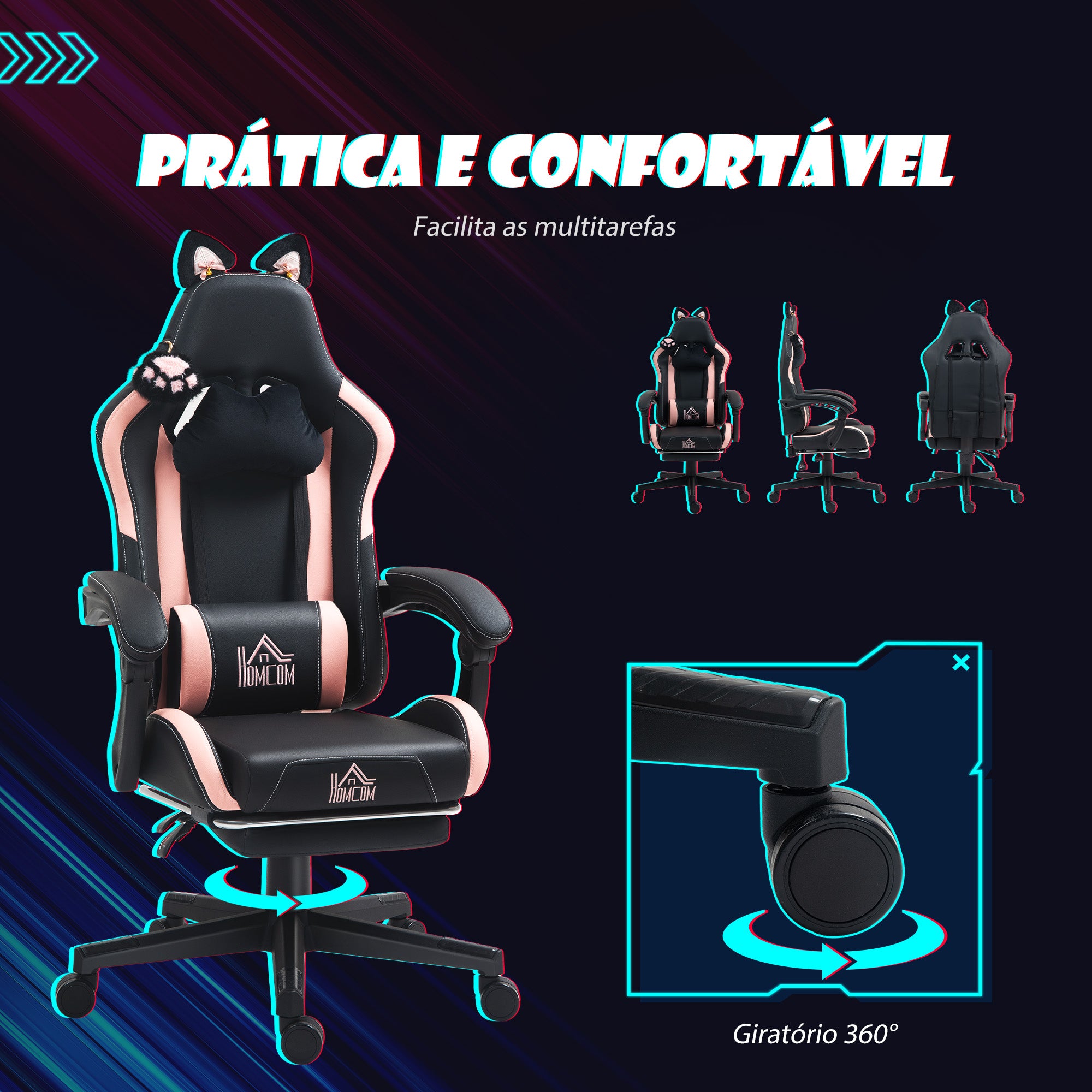 Cadeira de Gaming Reclinável com Orelhas e Apoio para os Pés - 65x62x116-124 cm (Preto)