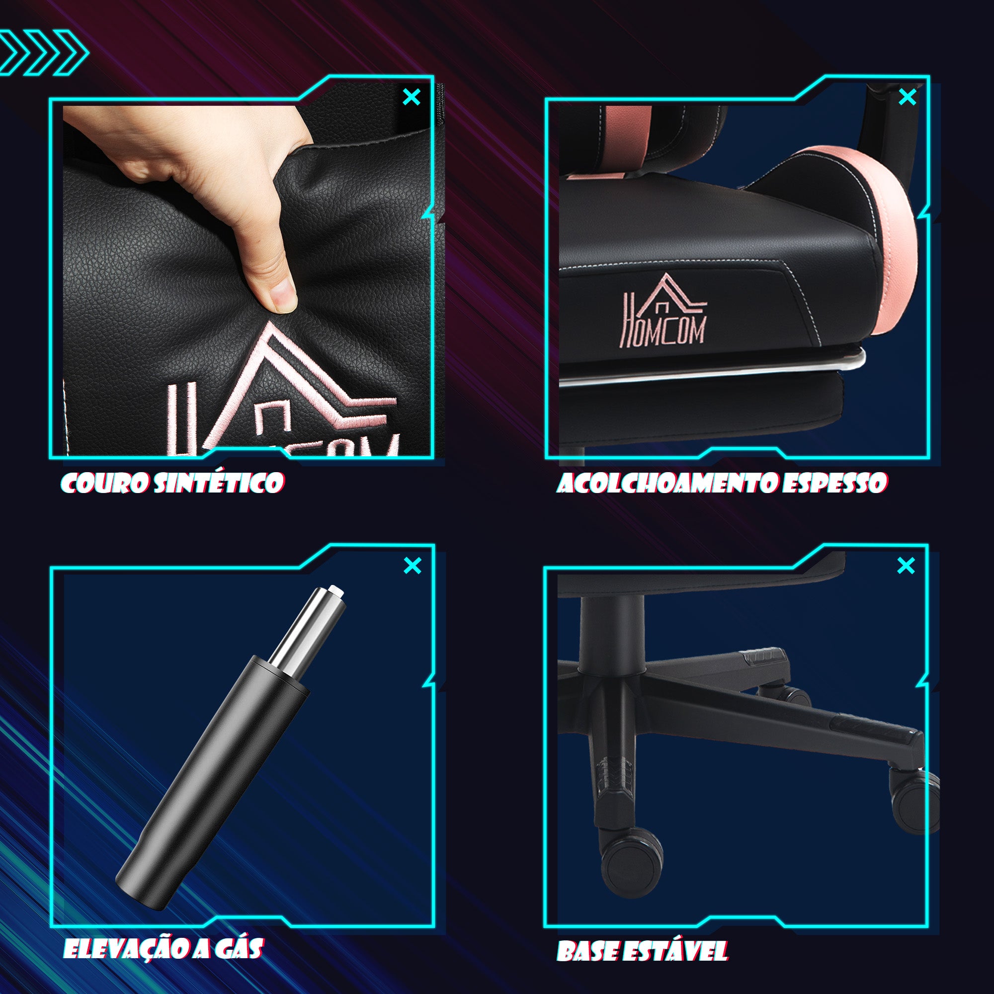 Cadeira de Gaming Reclinável com Orelhas e Apoio para os Pés - 65x62x116-124 cm (Preto)