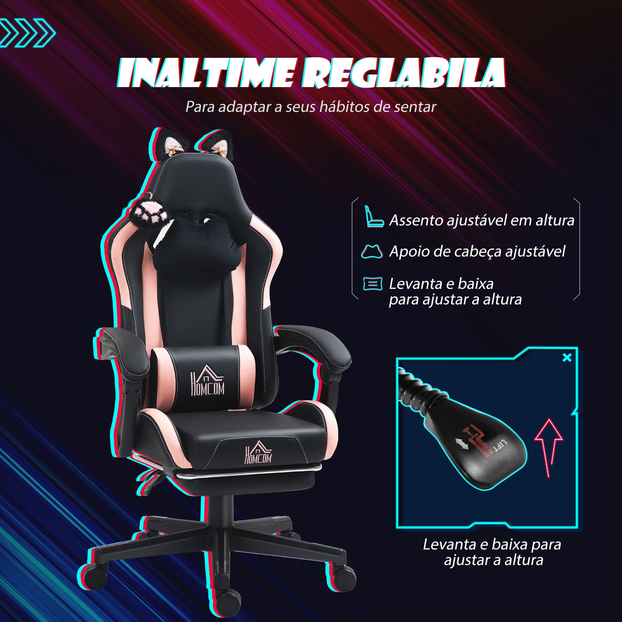 Cadeira de Gaming Reclinável com Orelhas e Apoio para os Pés - 65x62x116-124 cm (Preto)