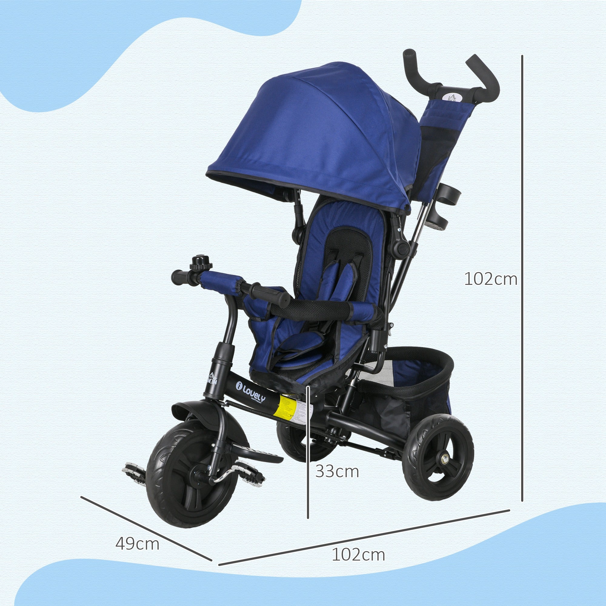 Triciclo Evolutivo 2 em 1 para Crianças +12 Meses - Azul Marrinho 102x49x102 cm