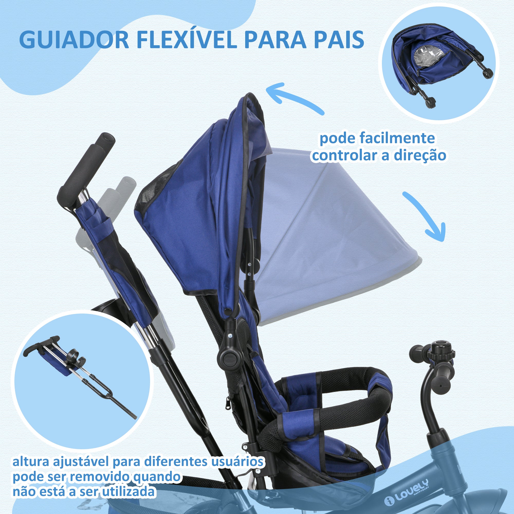 Triciclo Evolutivo 2 em 1 para Crianças +12 Meses - Azul Marrinho 102x49x102 cm