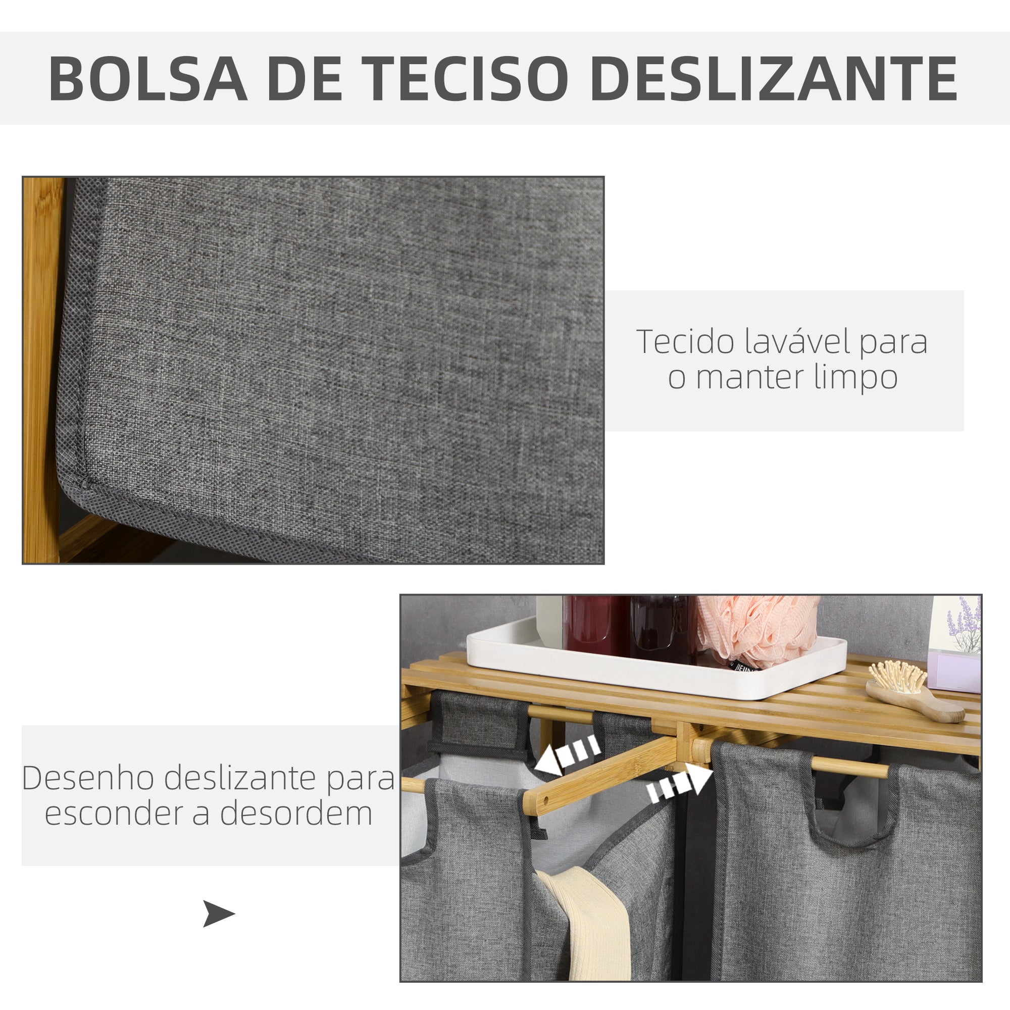 Cesto de Roupa – 63,5x33x73 cm – Cinza – Bambu