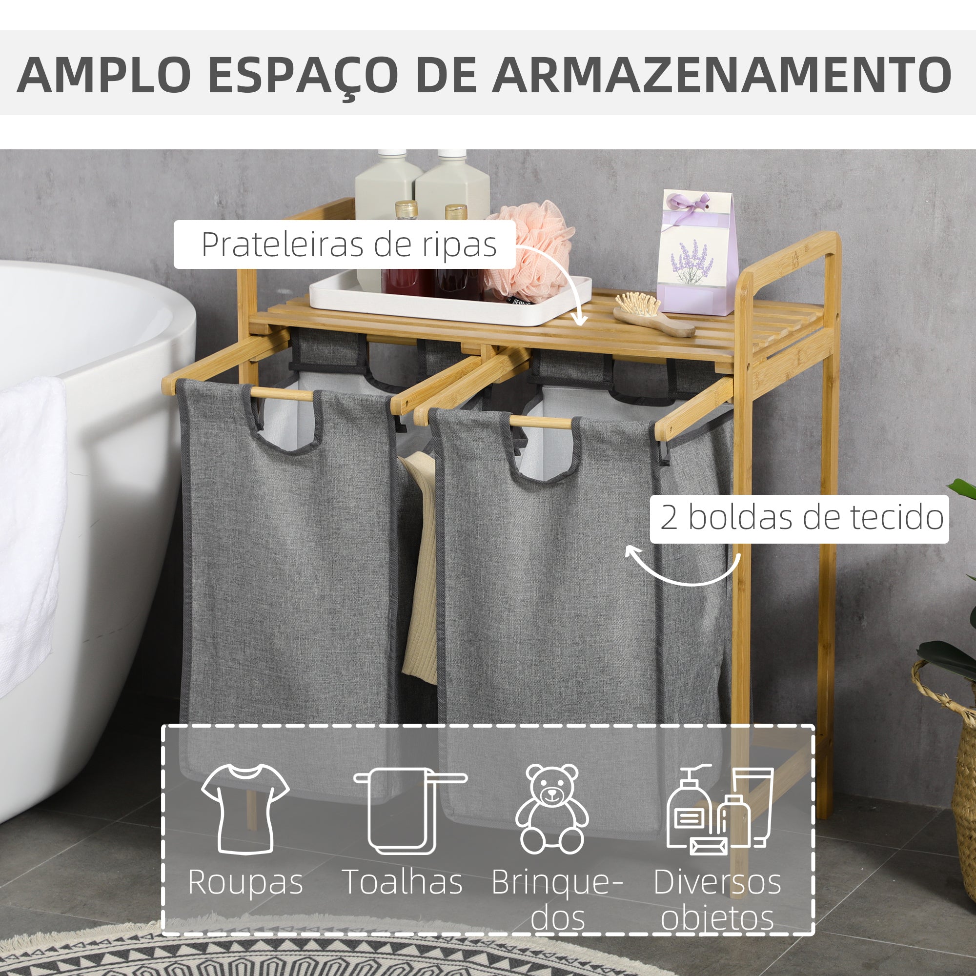 Cesto de Roupa – 63,5x33x73 cm – Cinza – Bambu