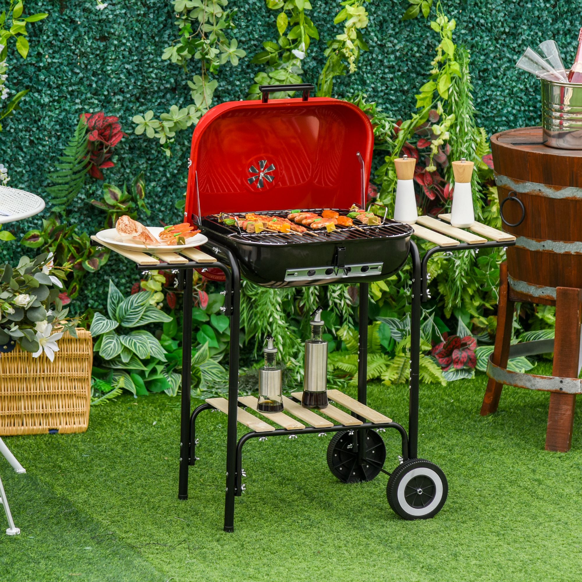 Barbecue a Carvão com Prateleiras de Madeira e Rodas 98x49x81 cm - Preto e Vermelho