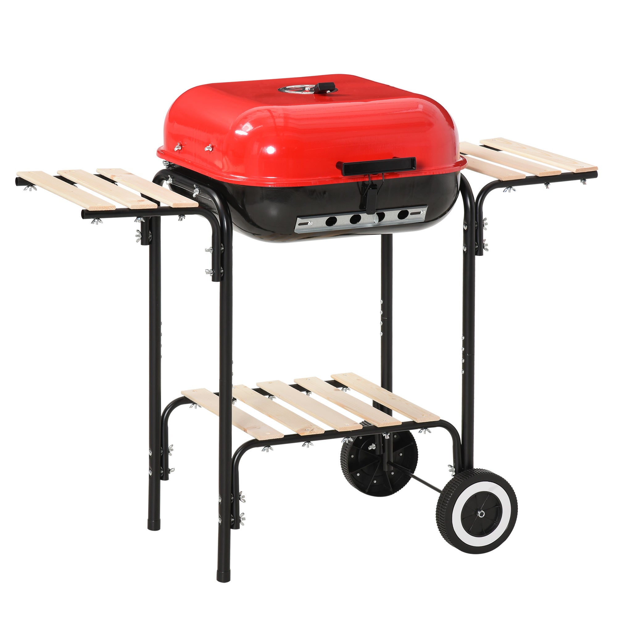 Barbecue a Carvão com Prateleiras de Madeira e Rodas 98x49x81 cm - Preto e Vermelho