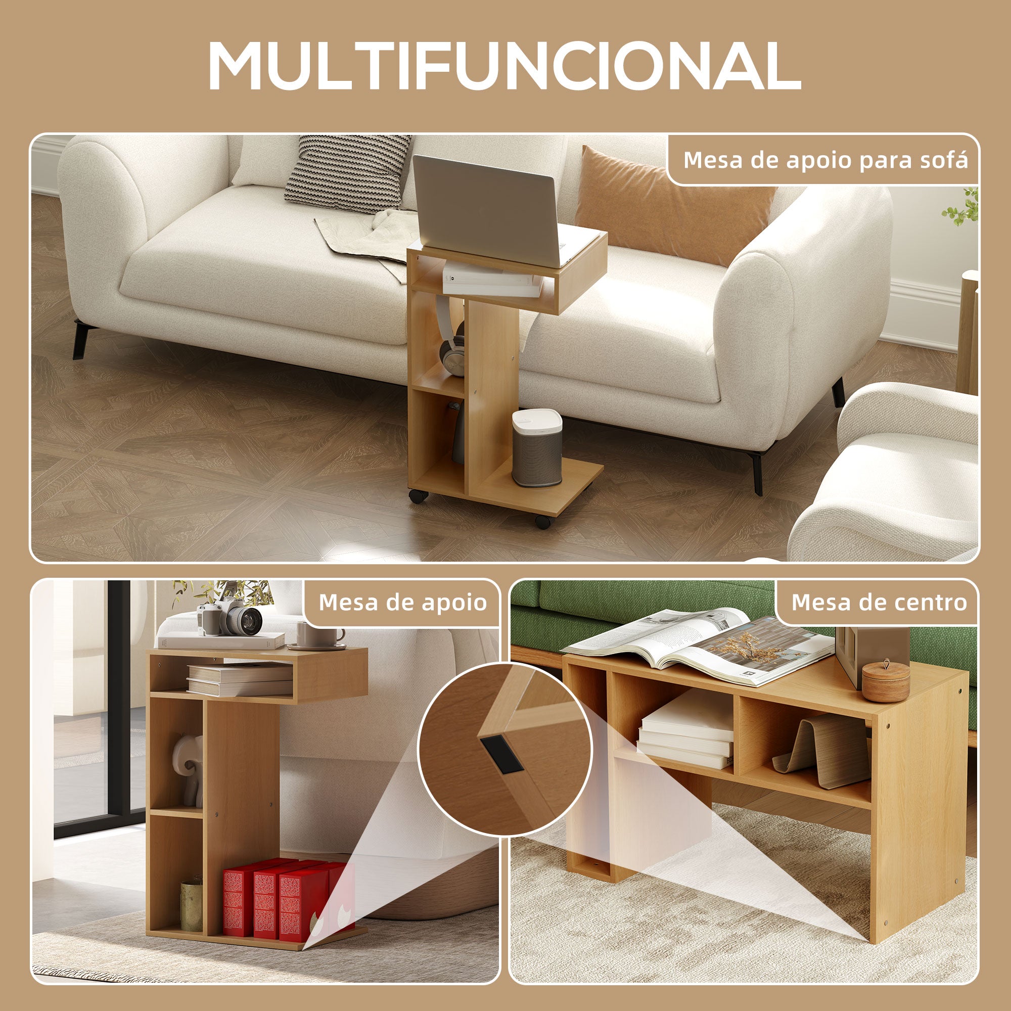 Mesa Auxiliar – 40x30x69 cm – Cor de Madeira Natural – Melamina