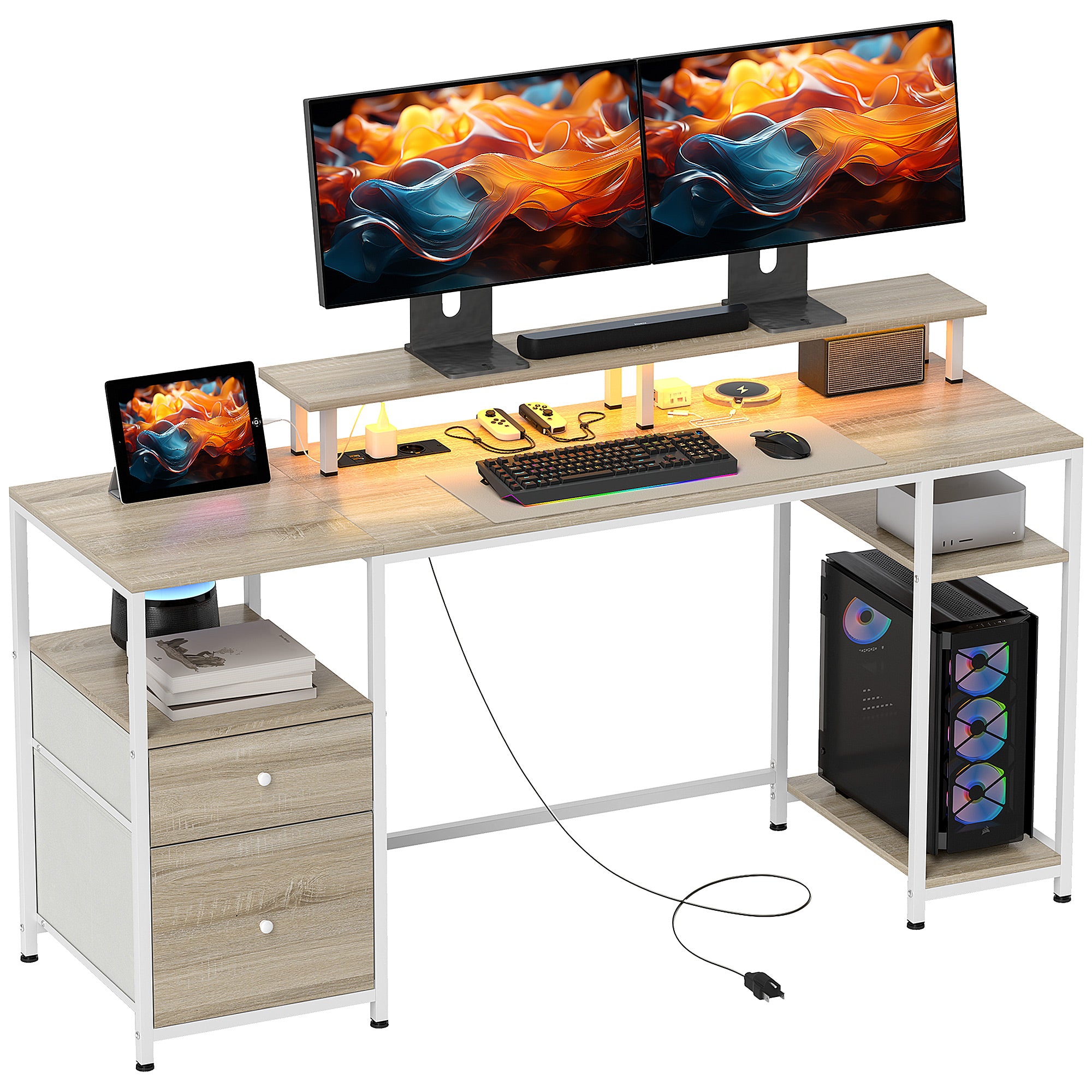 Secretária para Computador com Luzes LED e Organização - 155,5x48x75,5 cm - Madeira e Branco