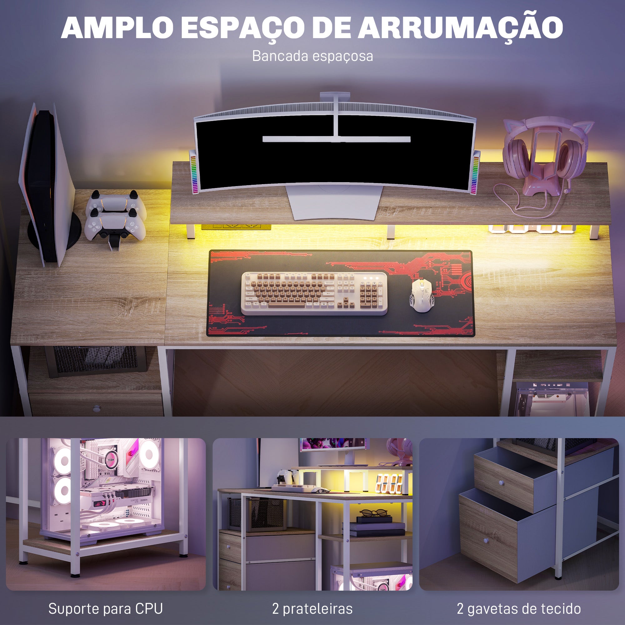 Secretária para Computador com Luzes LED e Organização - 155,5x48x75,5 cm - Madeira e Branco