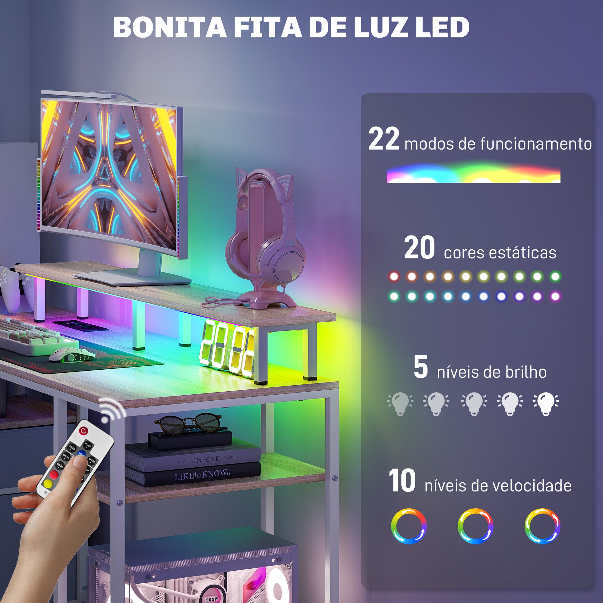 Secretária para Computador com Luzes LED e Organização - 155,5x48x75,5 cm - Madeira e Branco