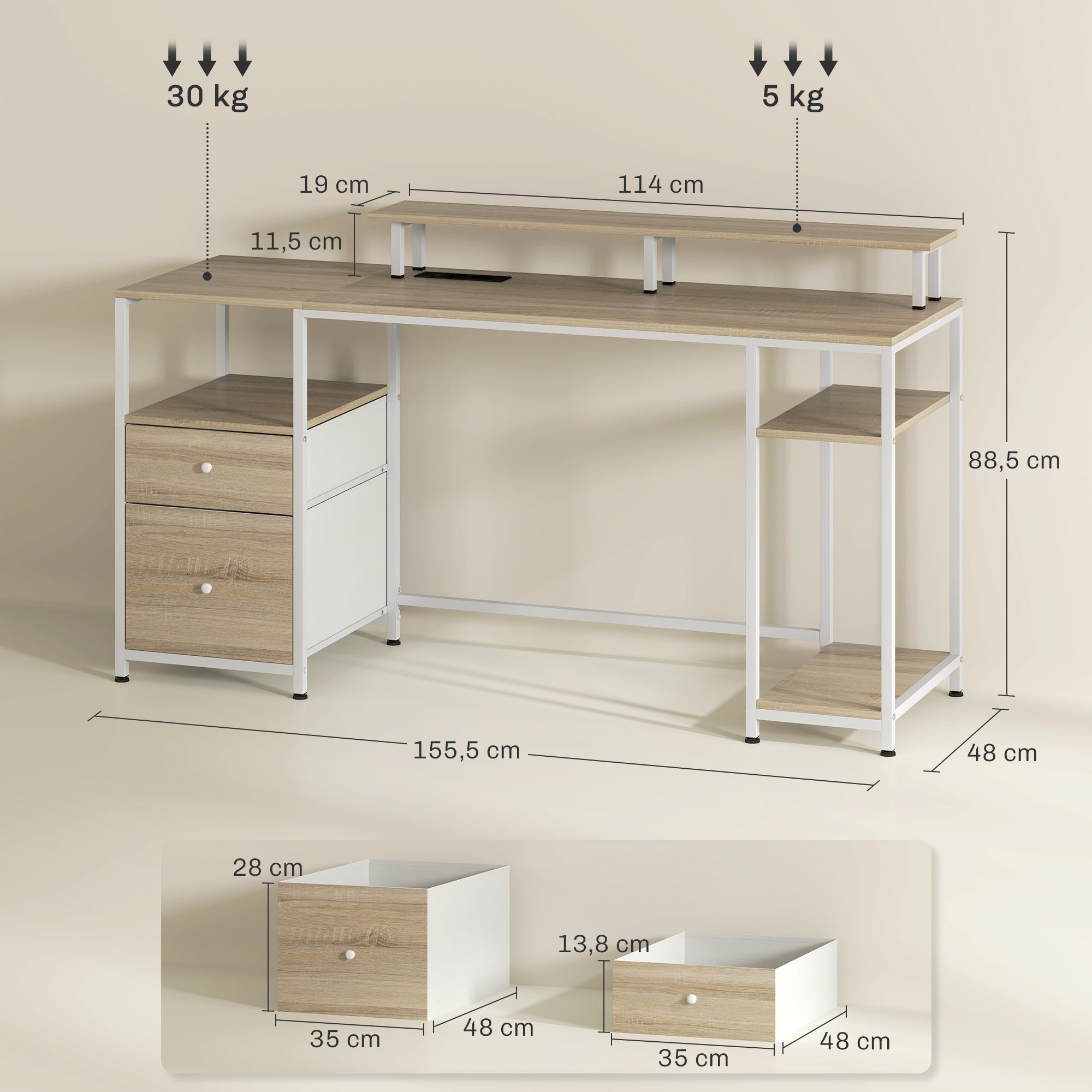 Secretária para Computador com Luzes LED e Organização - 155,5x48x75,5 cm - Madeira e Branco
