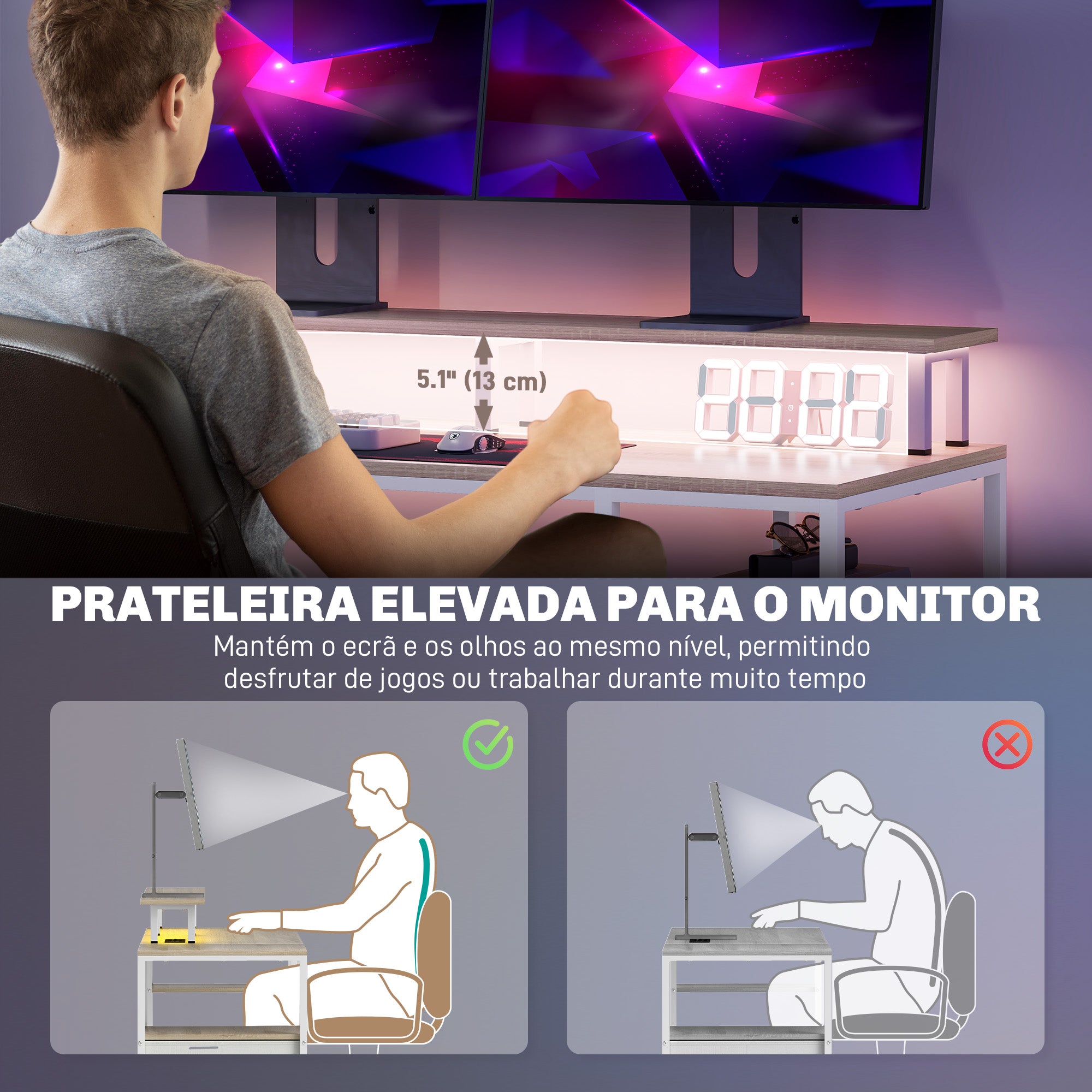 Secretária para Computador com Luzes LED e Organização - 155,5x48x75,5 cm - Madeira e Branco