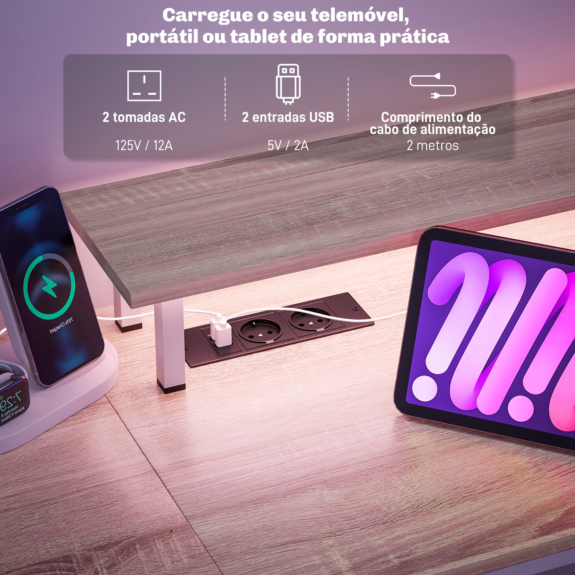 Secretária para Computador com Luzes LED e Organização - 155,5x48x75,5 cm - Madeira e Branco