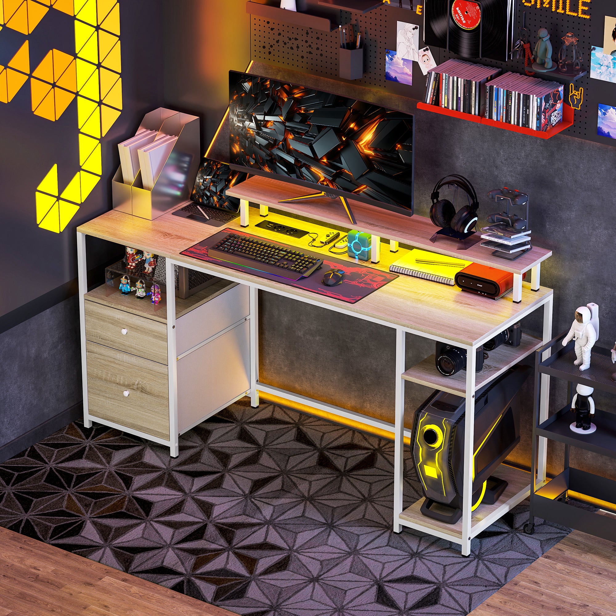 Secretária para Computador com Luzes LED e Organização - 155,5x48x75,5 cm - Madeira e Branco