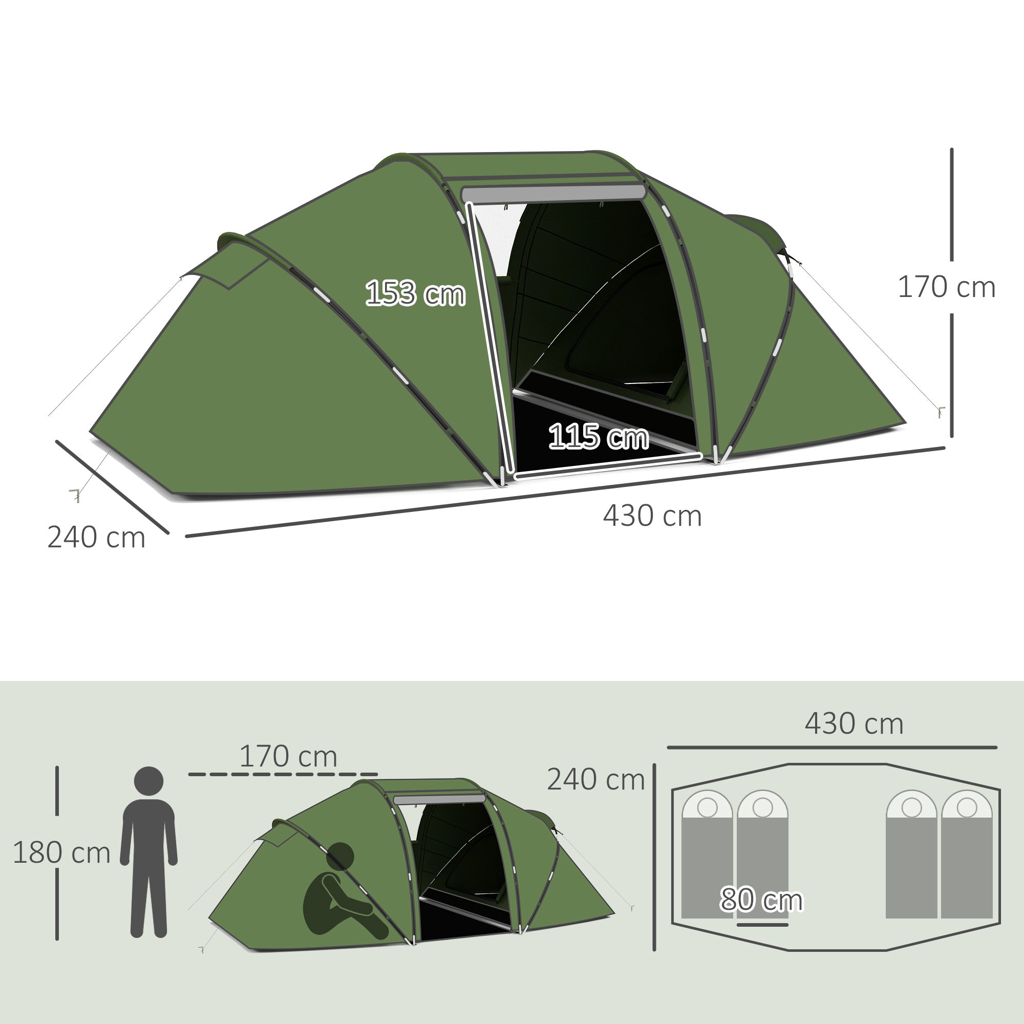 Tenda de Campismo Familiar para 4 Pessoas 430x240x170 cm Verde