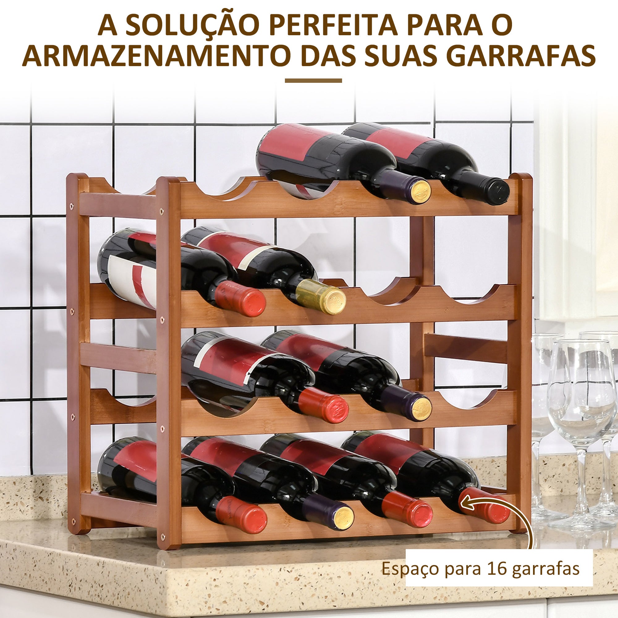 Suporte para 16 Garrafas de Bambu Marrom 43x23,5x38cm