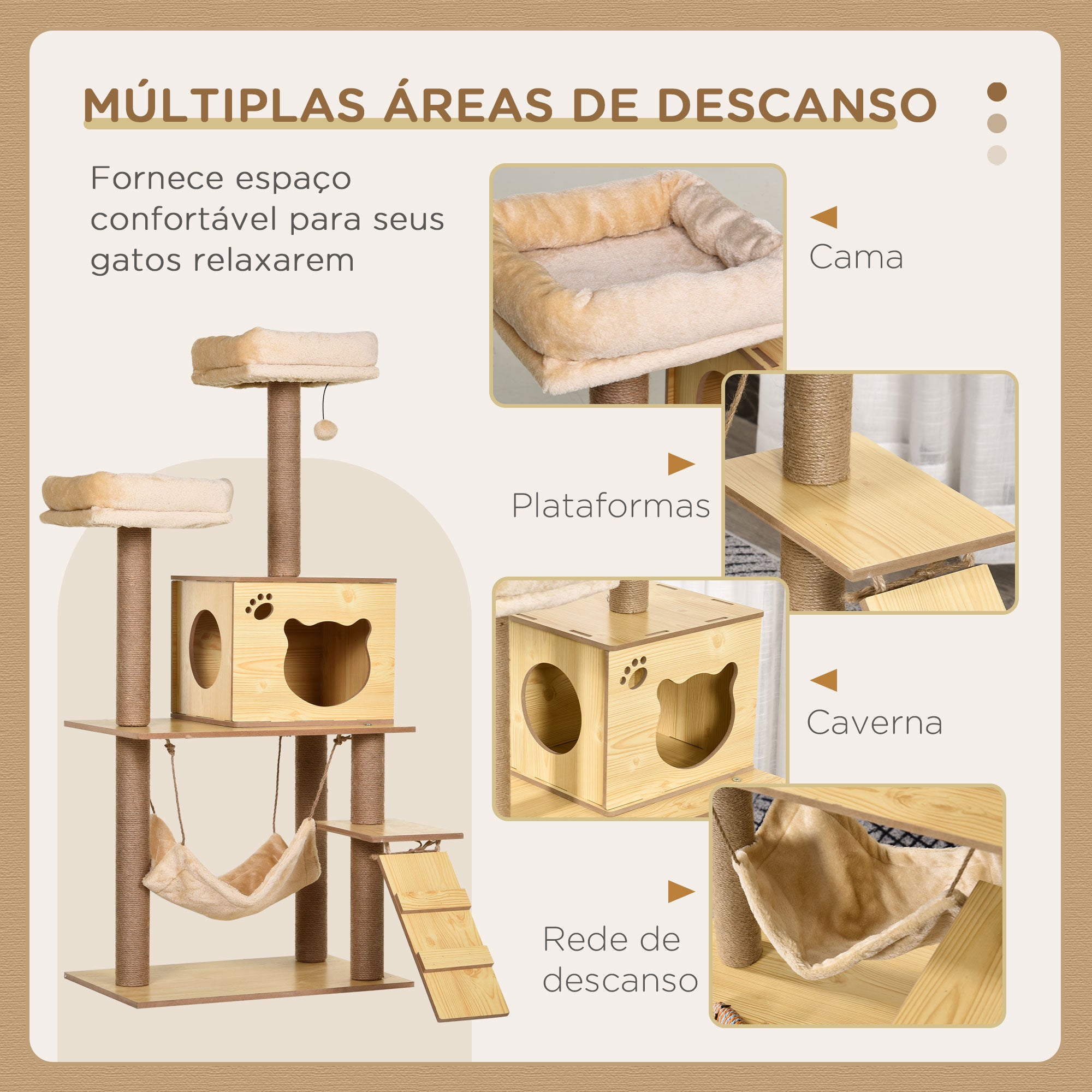 Arranhador para Gatos Altura 130 cm - Madeira, Bege e Marrom