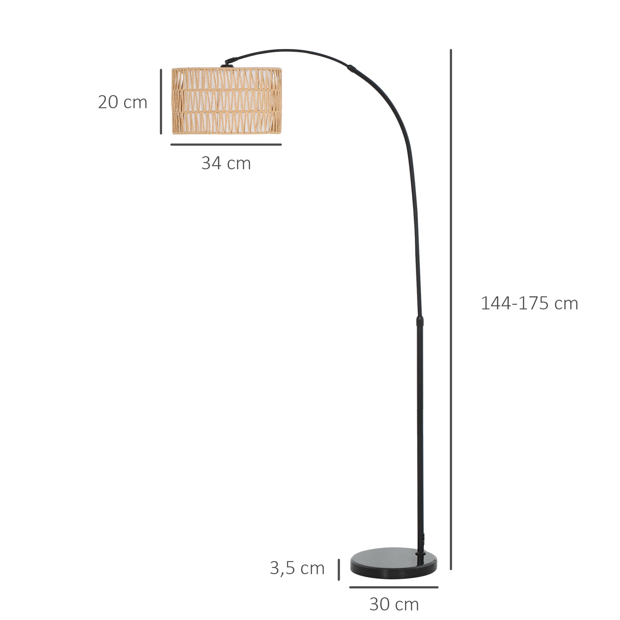 Candeeiro de Pé com Altura Ajustável e Ecrã de Juta 93x34x144-175 cm - Preto e Marrom