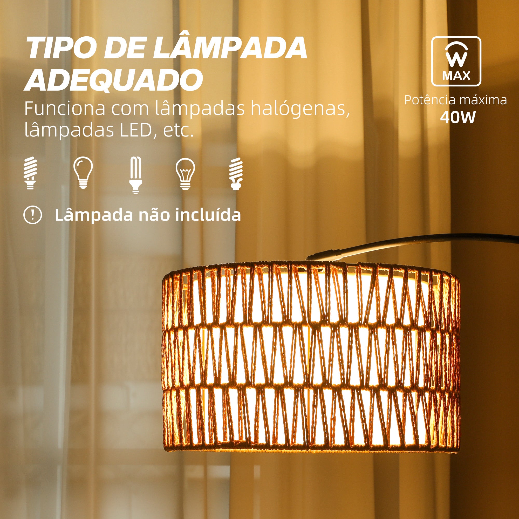 Candeeiro de Pé com Altura Ajustável e Ecrã de Juta 93x34x144-175 cm - Preto e Marrom