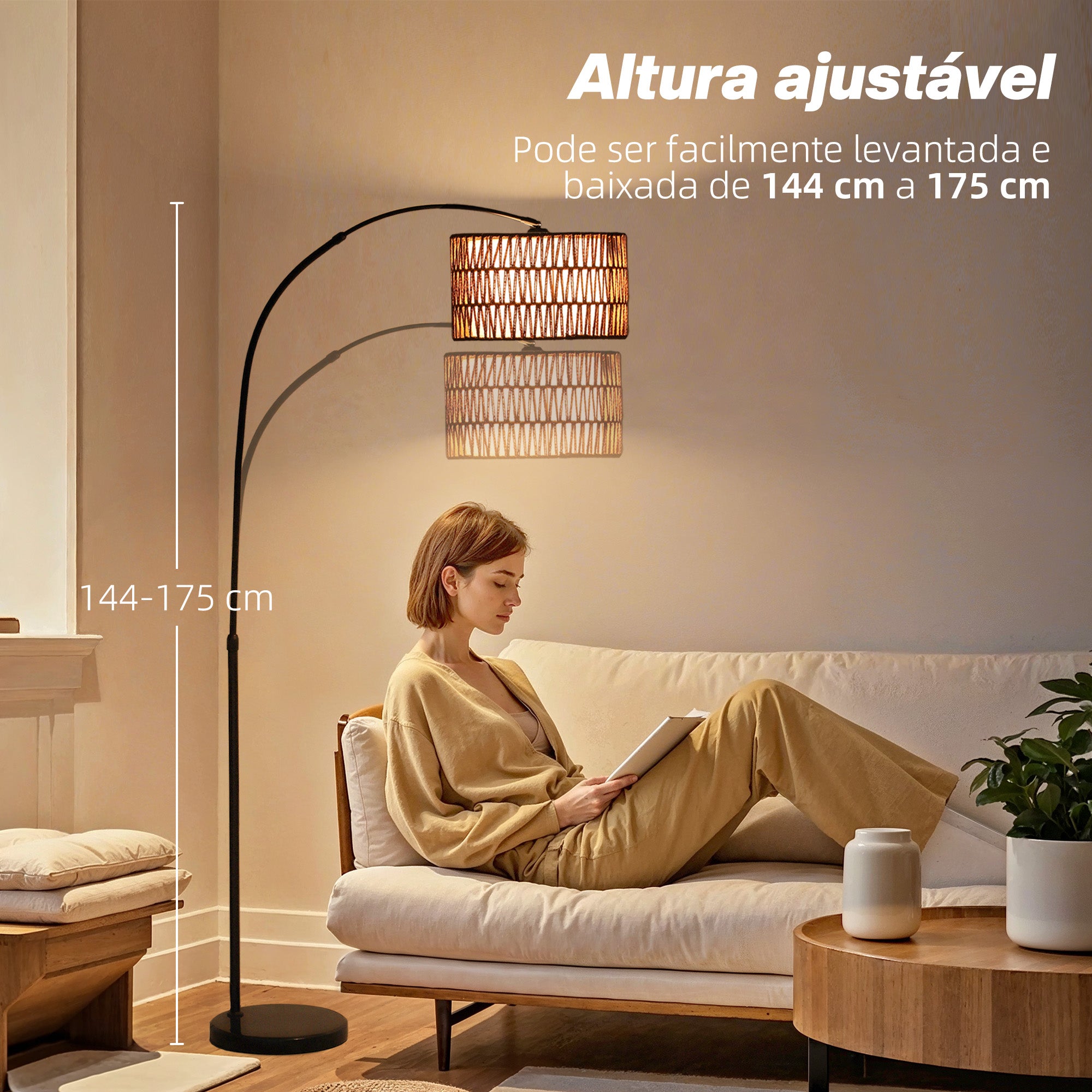 Candeeiro de Pé com Altura Ajustável e Ecrã de Juta 93x34x144-175 cm - Preto e Marrom