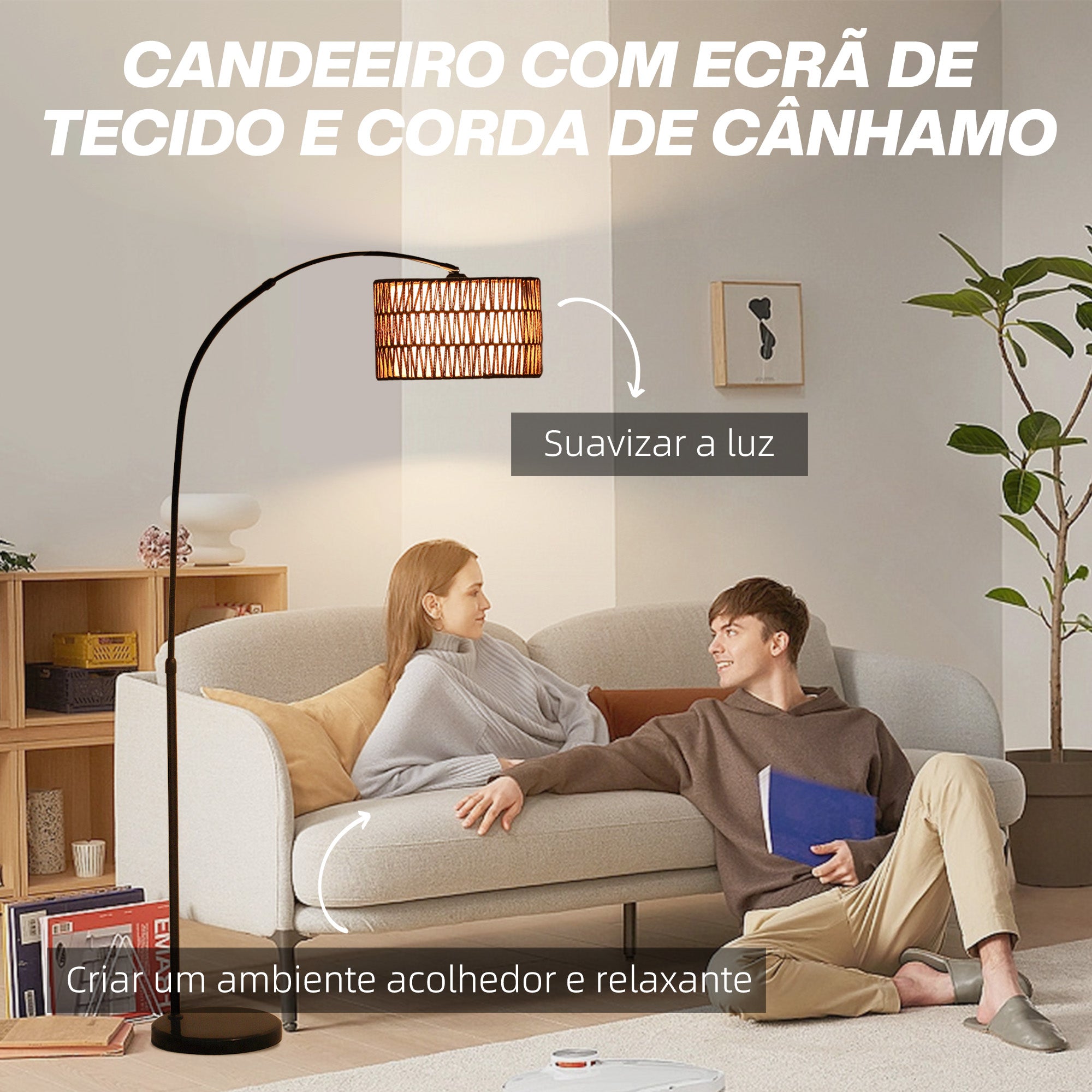 Candeeiro de Pé com Altura Ajustável e Ecrã de Juta 93x34x144-175 cm - Preto e Marrom