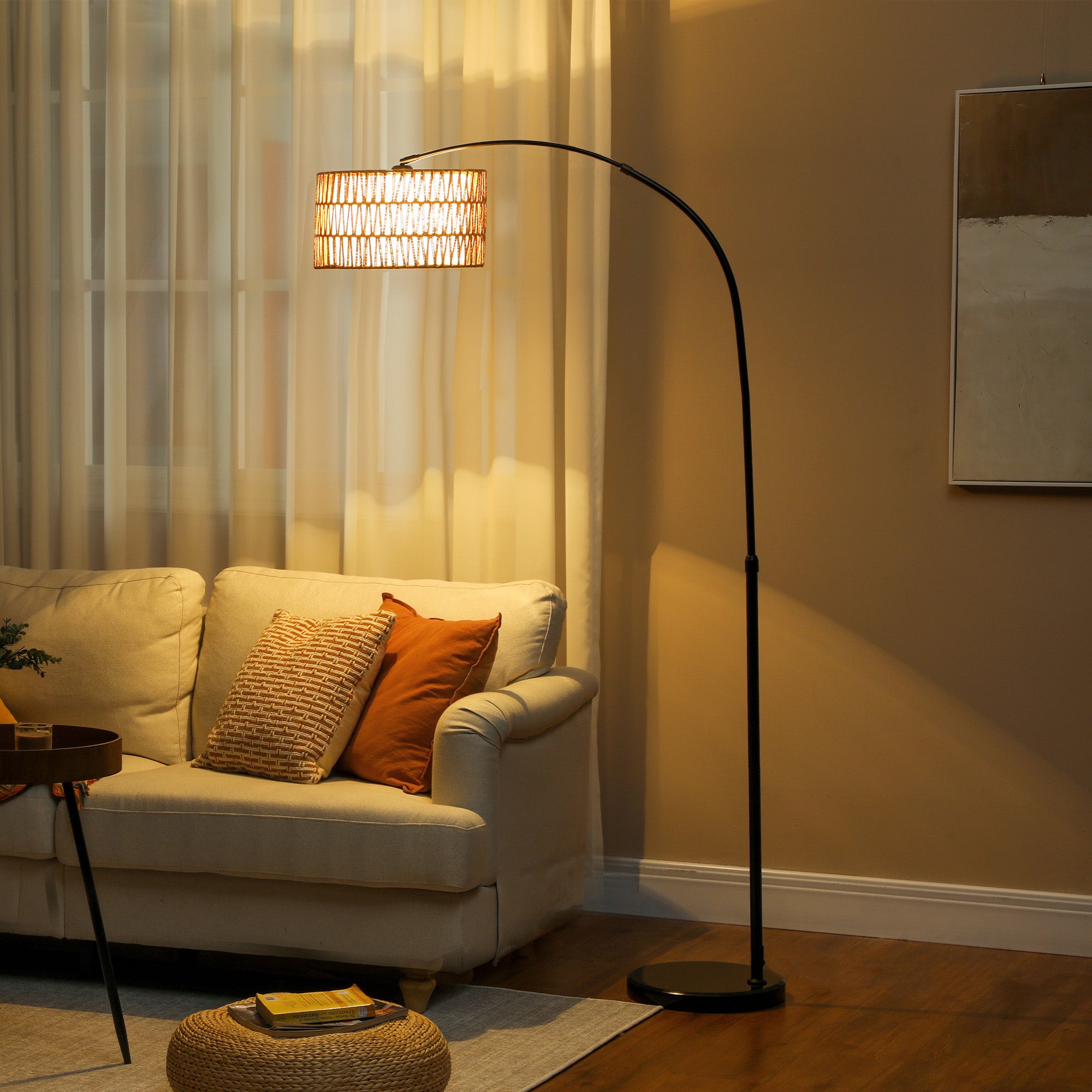 Candeeiro de Pé com Altura Ajustável e Ecrã de Juta 93x34x144-175 cm - Preto e Marrom