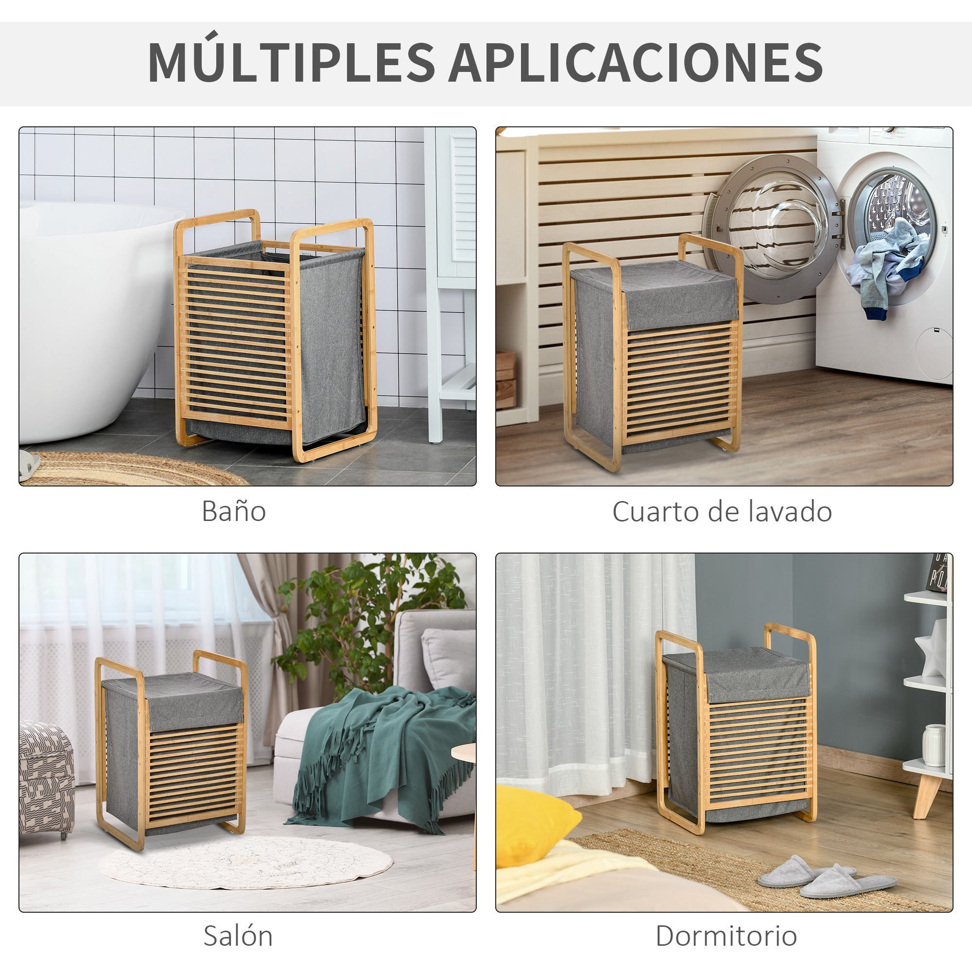 Cesto para Roupa Suja de Bambú 40x35.5x60.5cm Cor Natural e Cinza