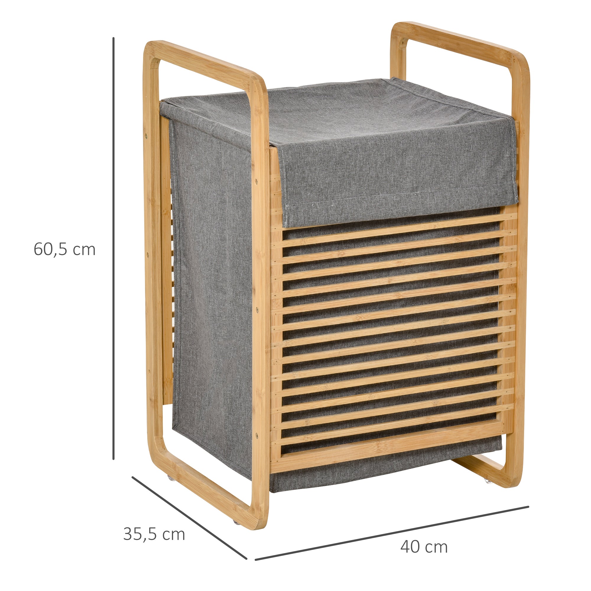 Cesto para Roupa Suja de Bambú 40x35.5x60.5cm Cor Natural e Cinza