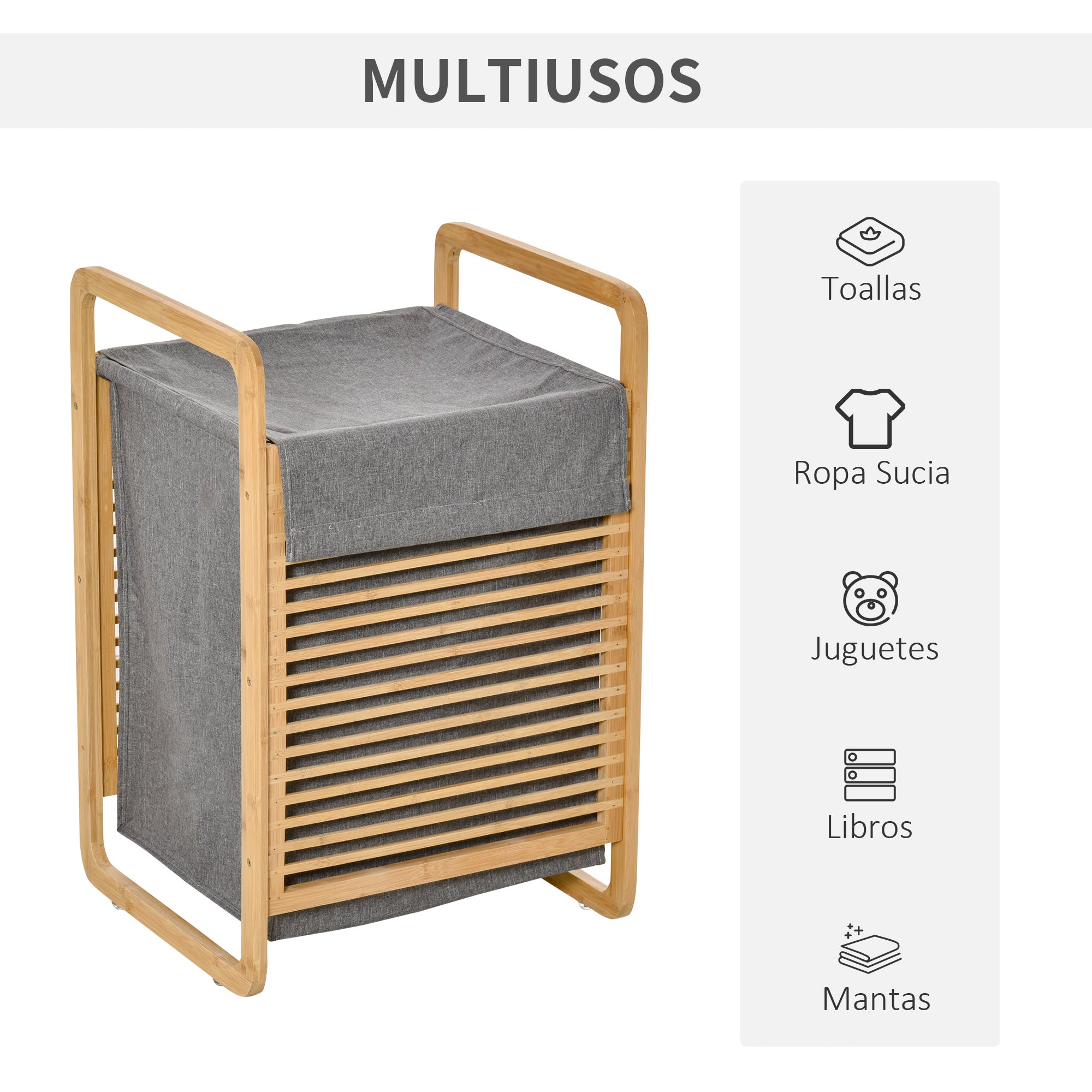 Cesto para Roupa Suja de Bambú 40x35.5x60.5cm Cor Natural e Cinza