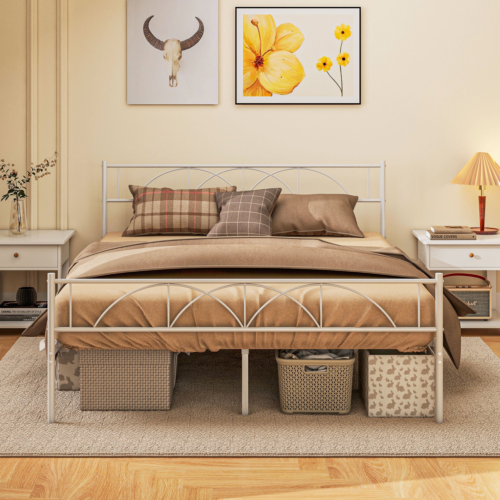 Cama de Casal 135x190 cm Branca com Estrutura de Ripas de Aço e Espaço de Arrumação