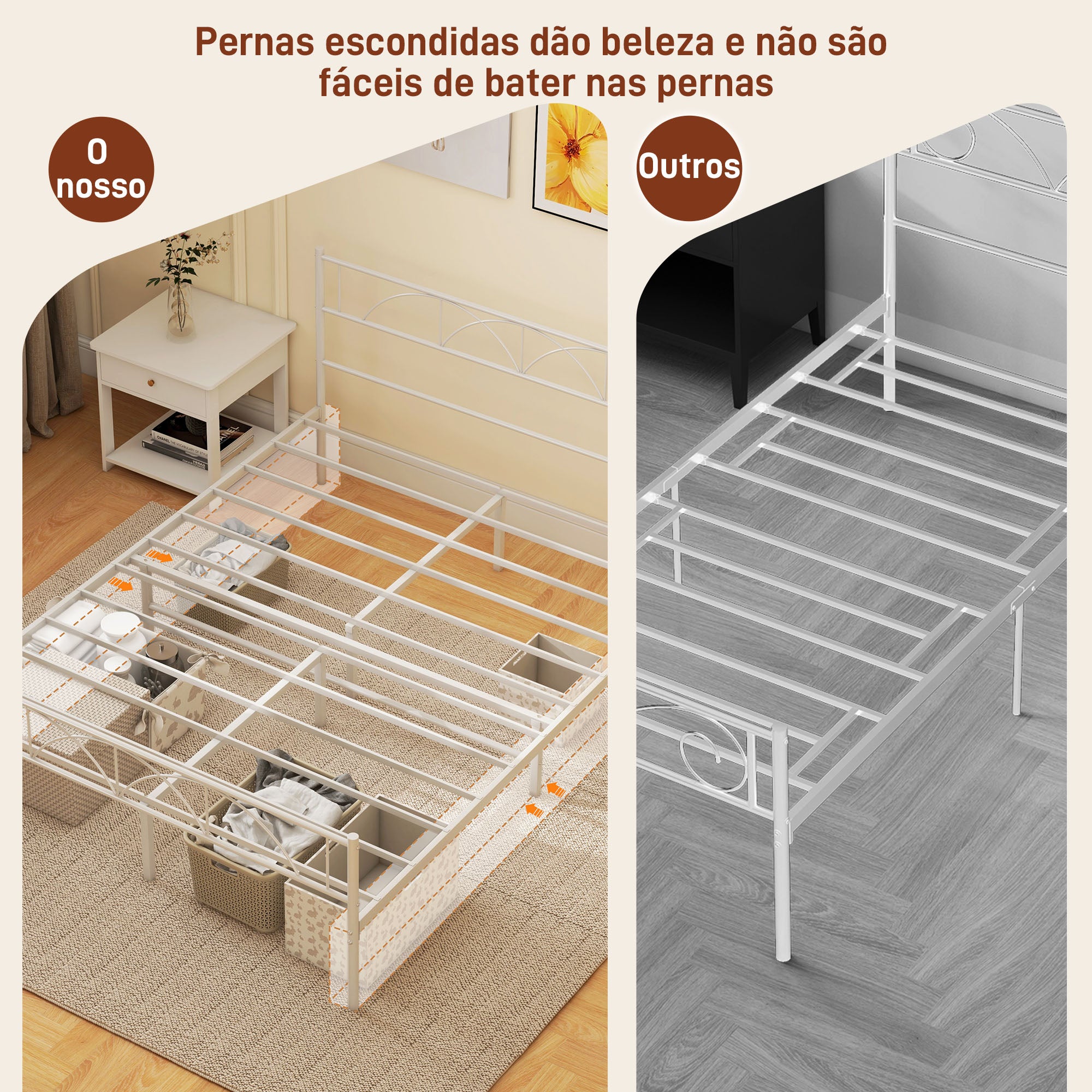 Cama de Casal 135x190 cm Branca com Estrutura de Ripas de Aço e Espaço de Arrumação