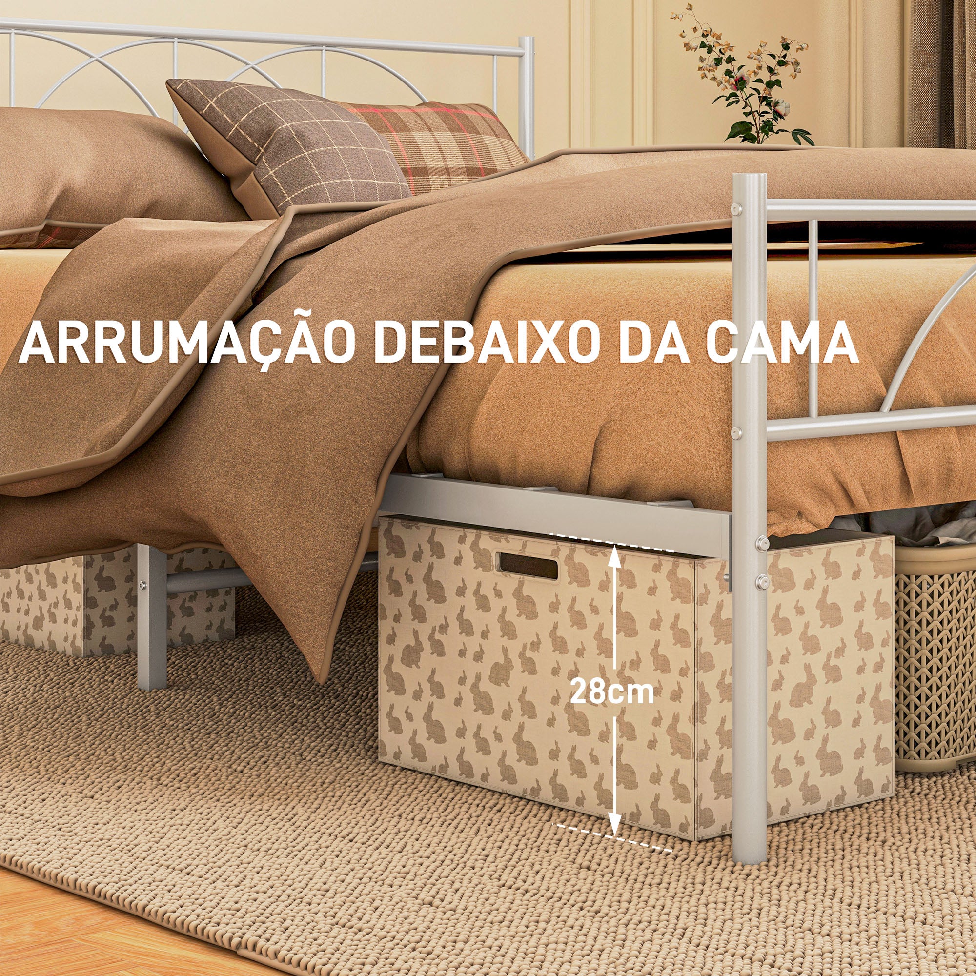 Cama de Casal 135x190 cm Branca com Estrutura de Ripas de Aço e Espaço de Arrumação