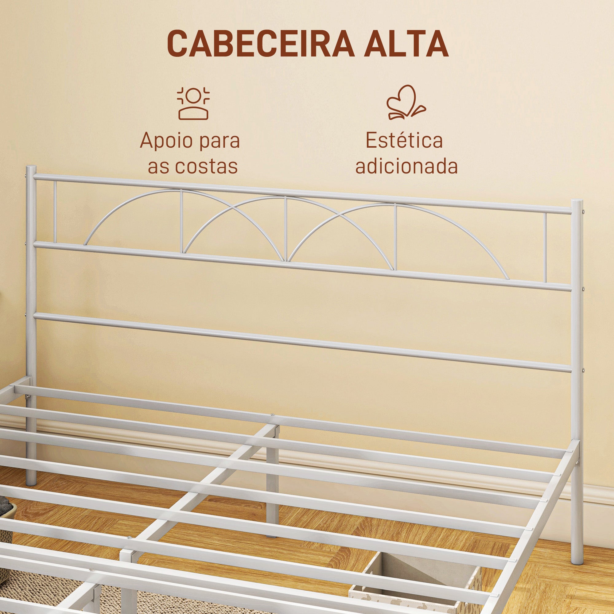 Cama de Casal 135x190 cm Branca com Estrutura de Ripas de Aço e Espaço de Arrumação