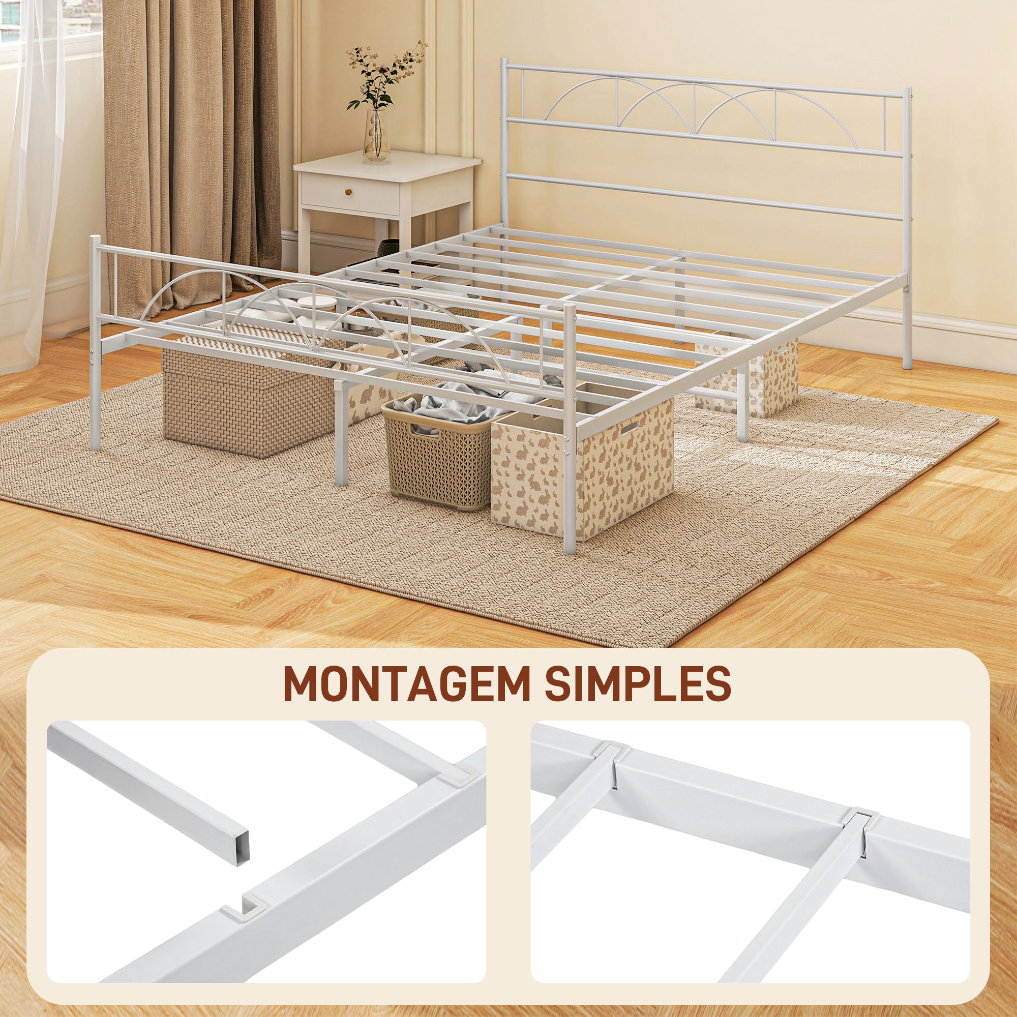Cama de Casal 135x190 cm Branca com Estrutura de Ripas de Aço e Espaço de Arrumação