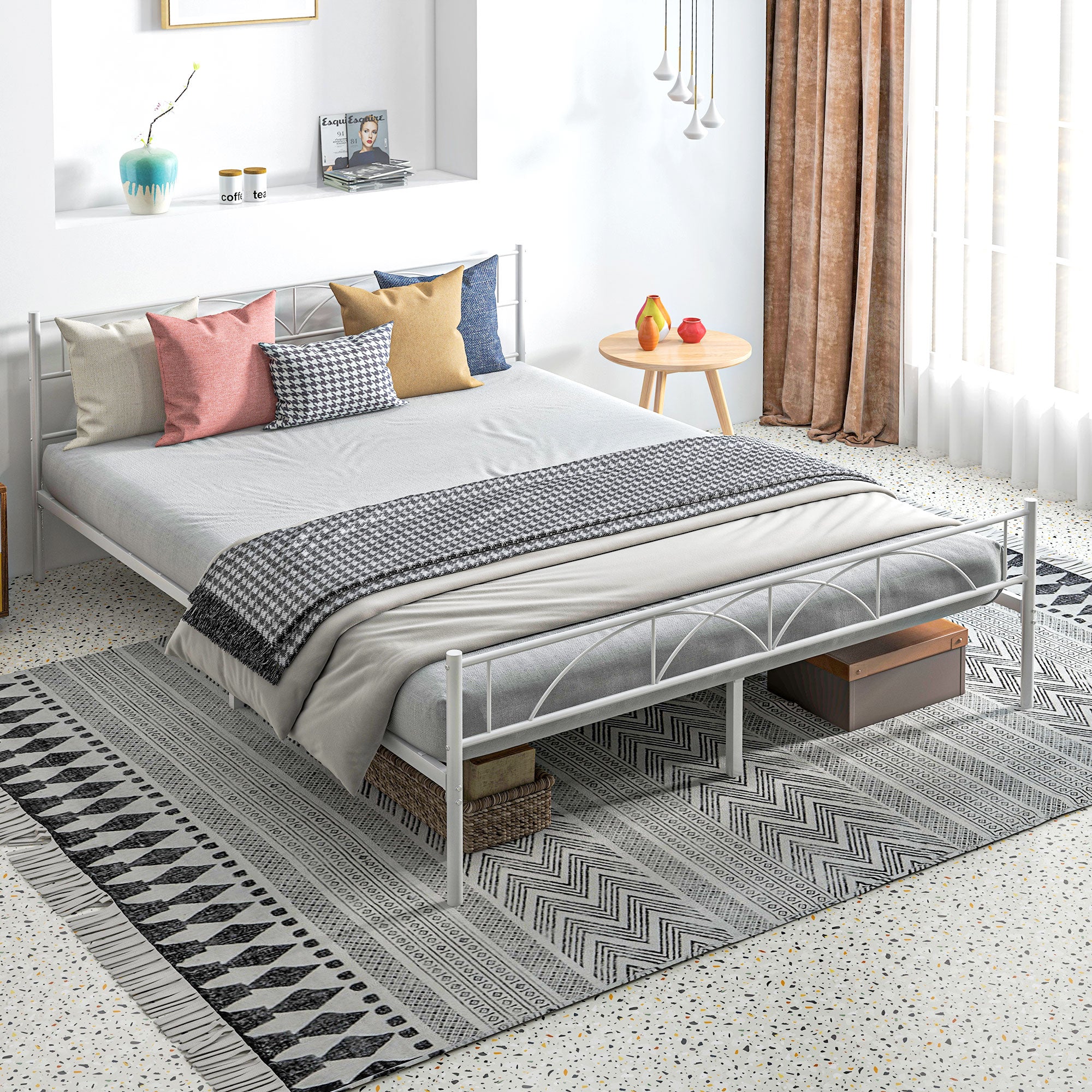 Cama de Casal 135x190 cm Branca com Estrutura de Ripas de Aço e Espaço de Arrumação