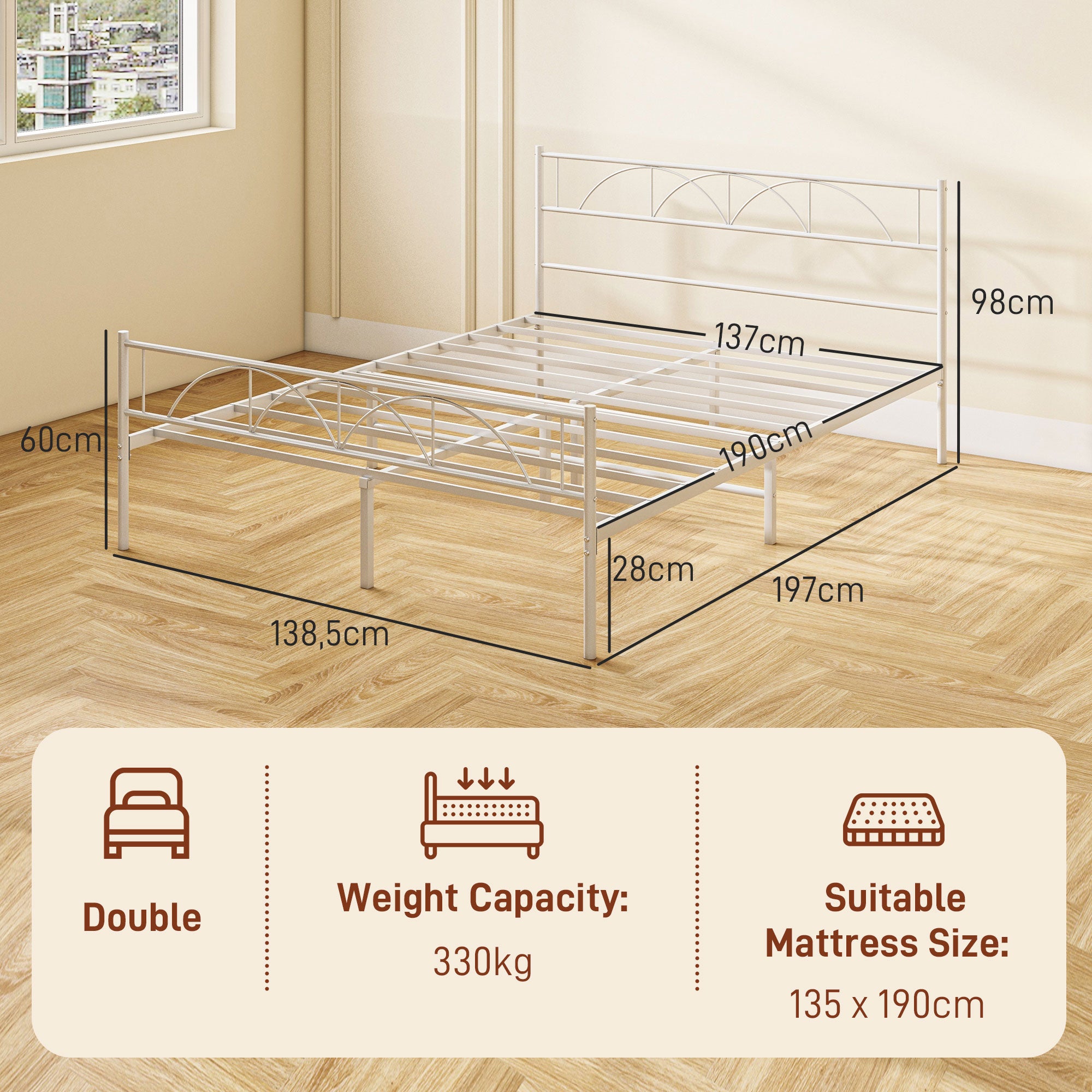 Cama de Casal 135x190 cm Branca com Estrutura de Ripas de Aço e Espaço de Arrumação